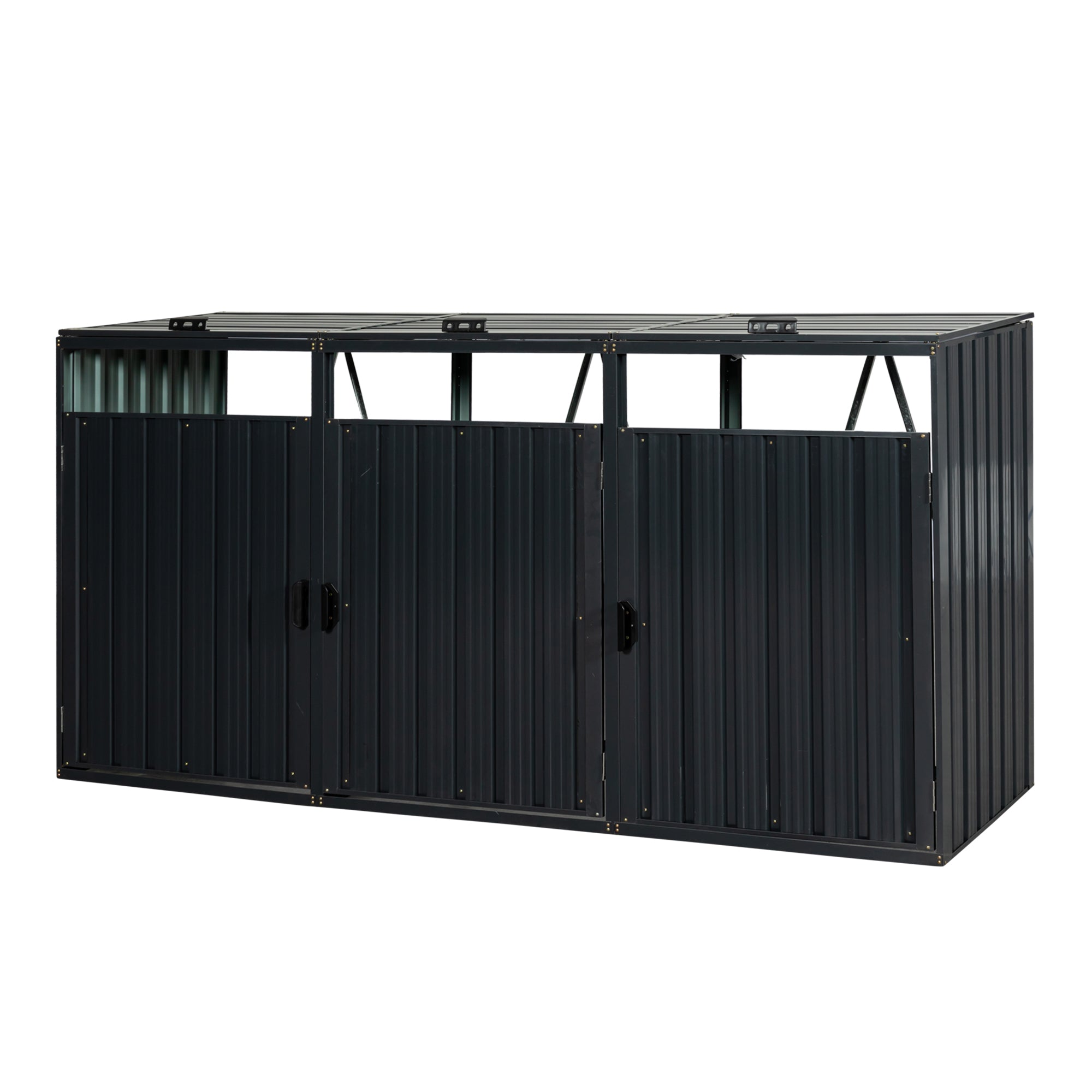 JXXRZ Metal Garbage Bin Shed for 3 Trash Cans with Lockable Doors and Lids,Galvanized Steel Garbage Bin Storage Shed for Garden Yard Lawn, Black