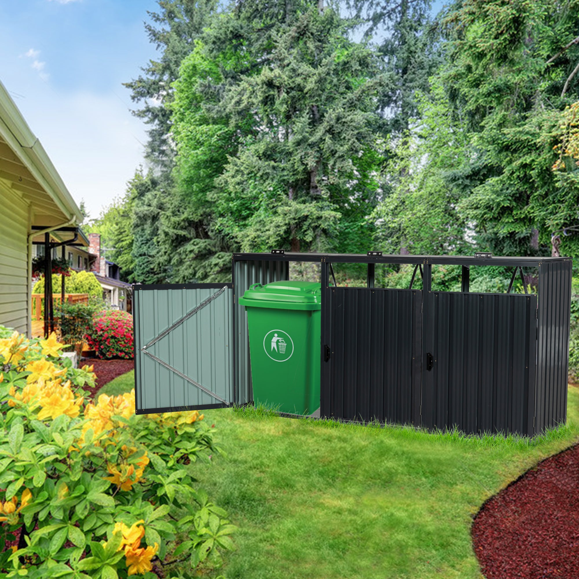 JXXRZ Metal Garbage Bin Shed for 3 Trash Cans with Lockable Doors and Lids,Galvanized Steel Garbage Bin Storage Shed for Garden Yard Lawn, Black