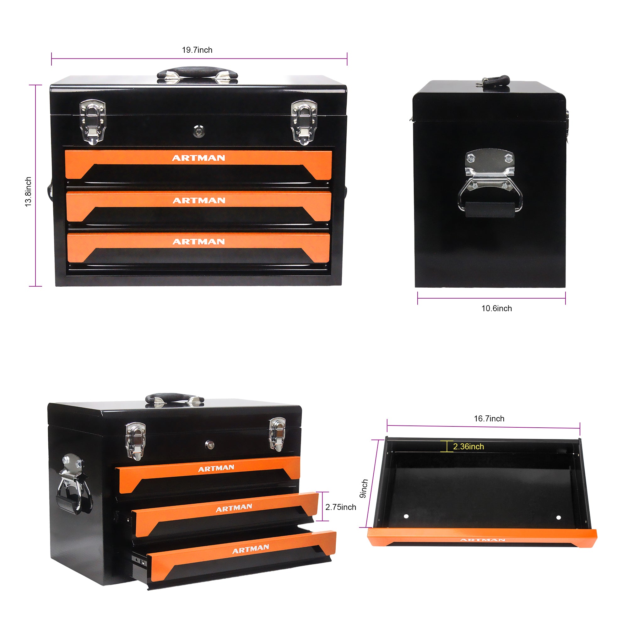 JXXRZ 20" Portable 3-Drawer Steel Tool Chest, Top Tray & Lock, Orange
