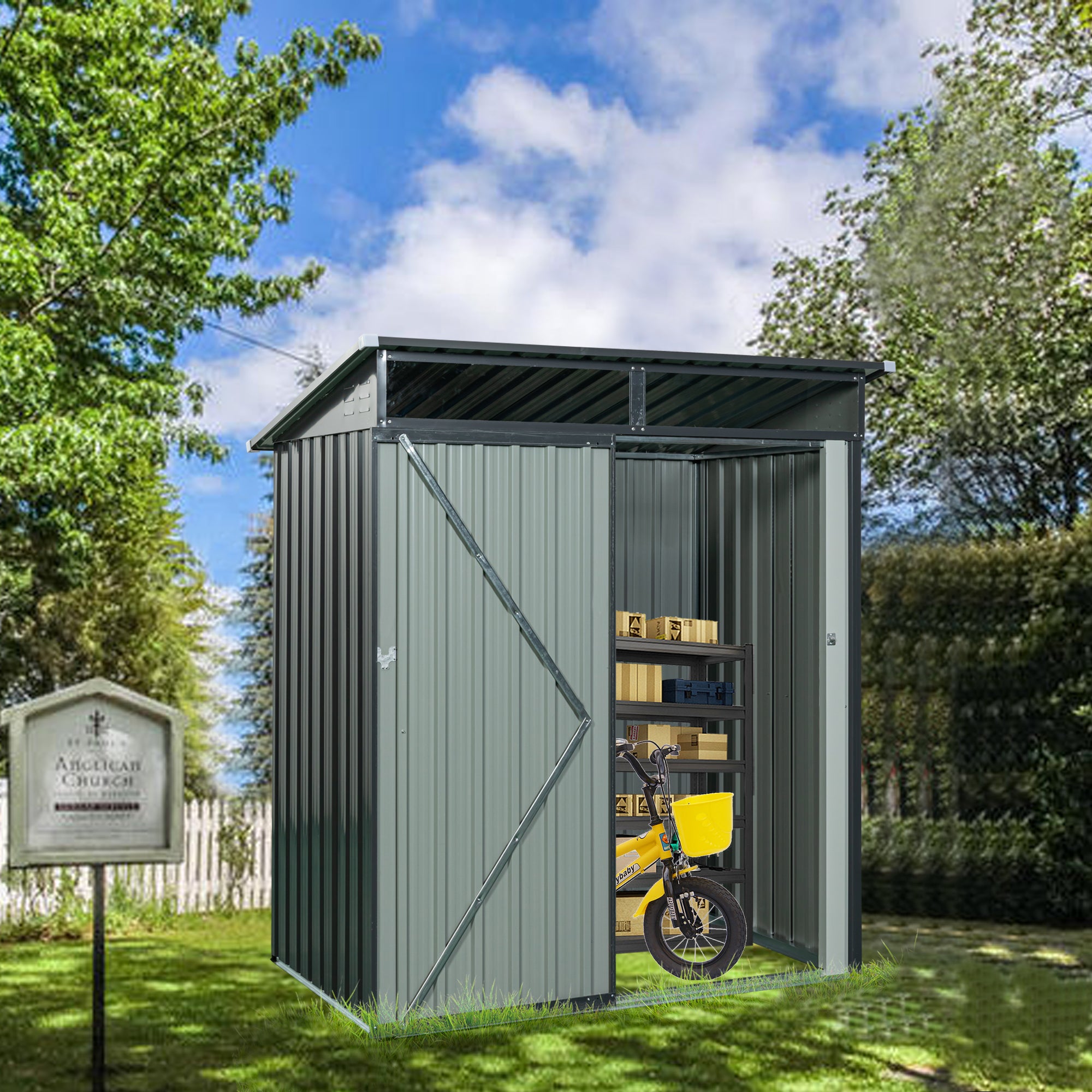 JXXRZ 5x3 ft Metal Outdoor Storage Shed with Transparent Panel, Grey