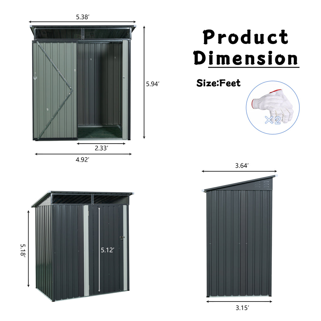 JXXRZ 5x3 ft Metal Outdoor Storage Shed with Transparent Panel, Grey