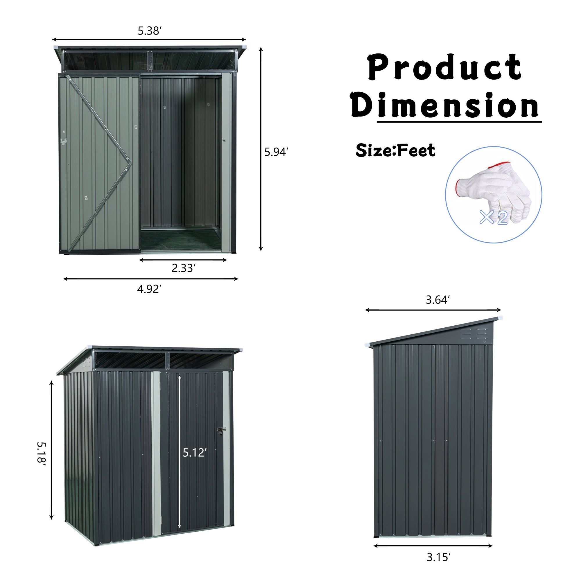 JXXRZ 5x3 ft Metal Outdoor Storage Shed with Transparent Panel, Grey