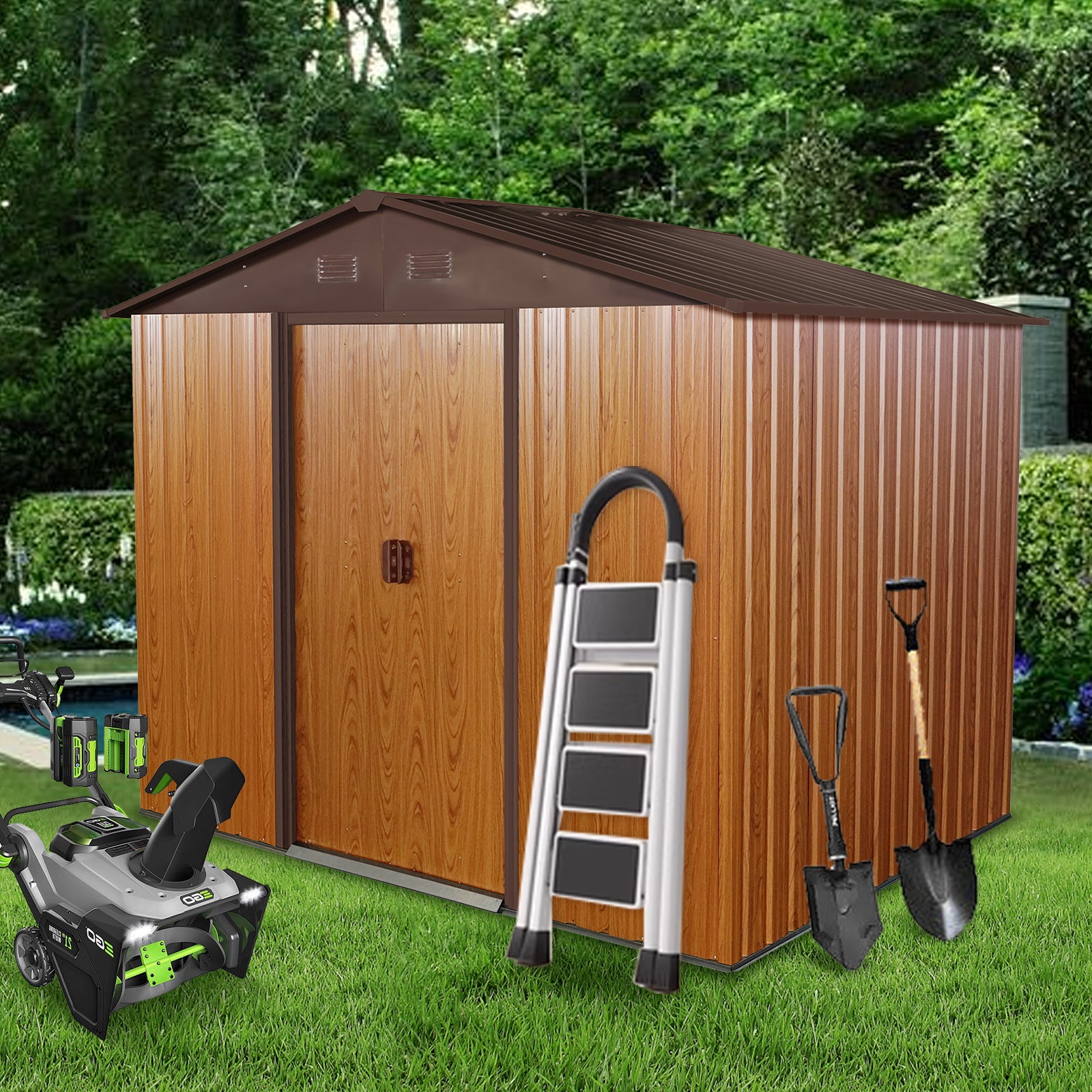 JXXRZ 8x6ft Outdoor Metal Storage Shed with Sliding Door & Foundation, Coffee
