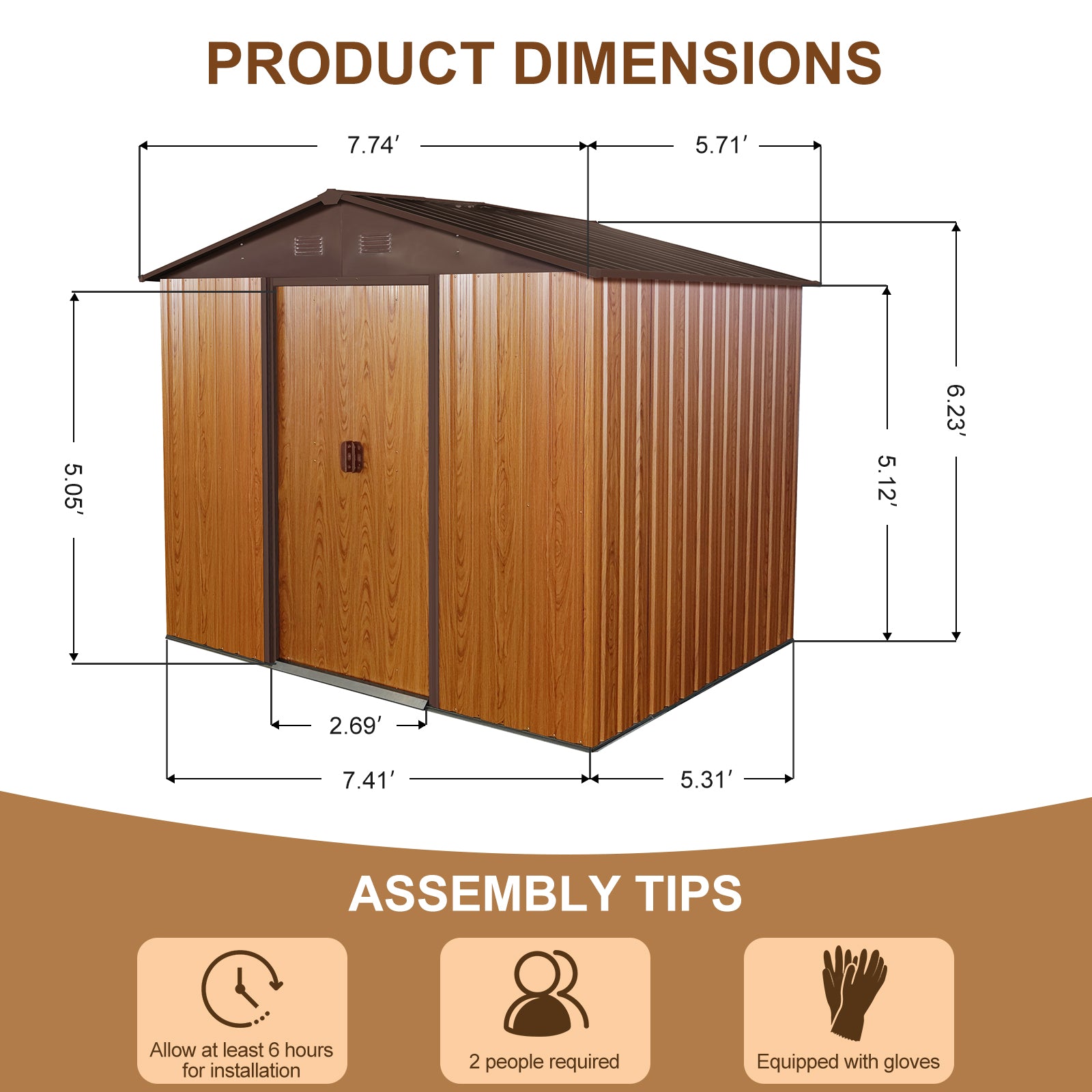 JXXRZ 8x6ft Outdoor Metal Storage Shed with Sliding Door & Foundation, Coffee