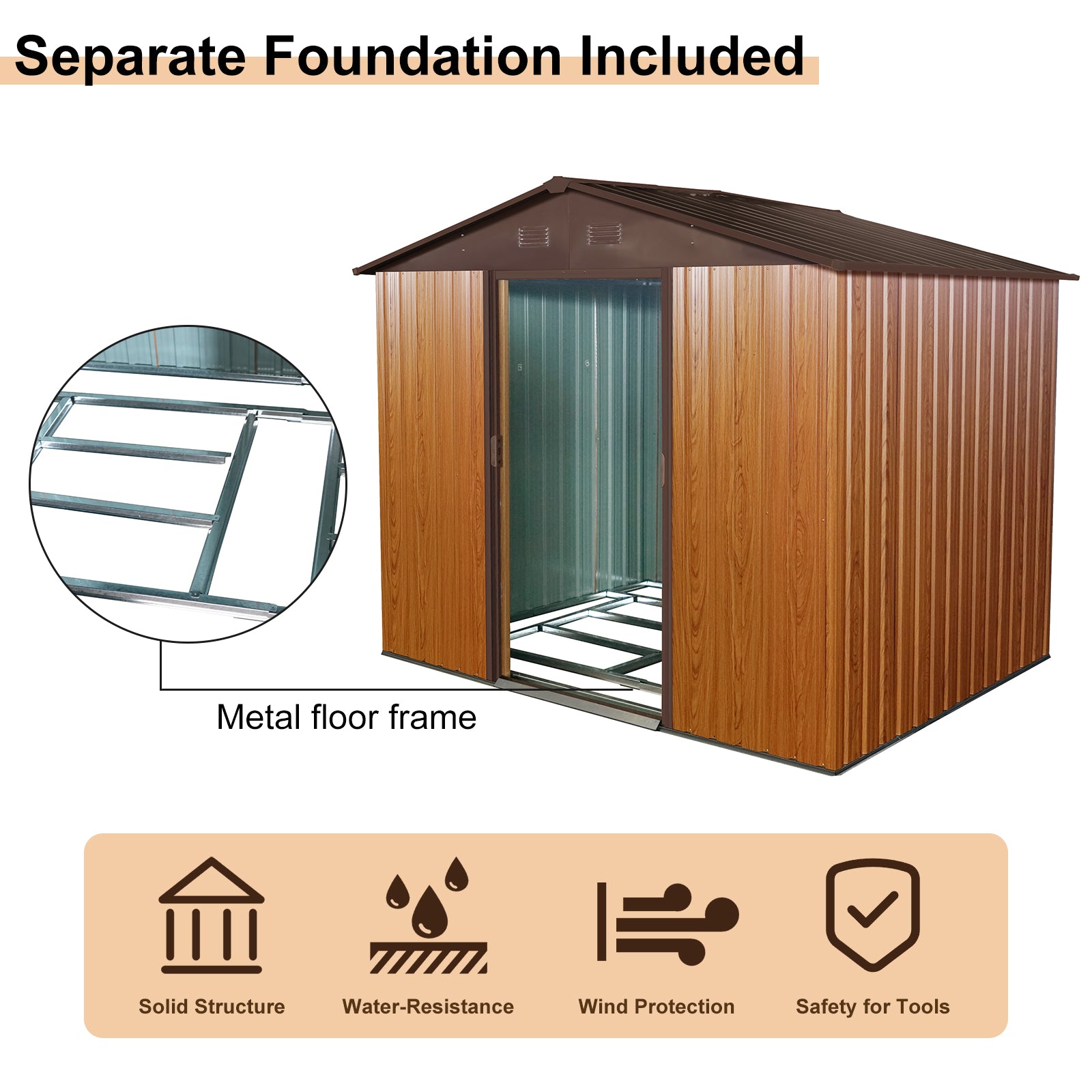 JXXRZ 8x6ft Outdoor Metal Storage Shed with Sliding Door & Foundation, Coffee