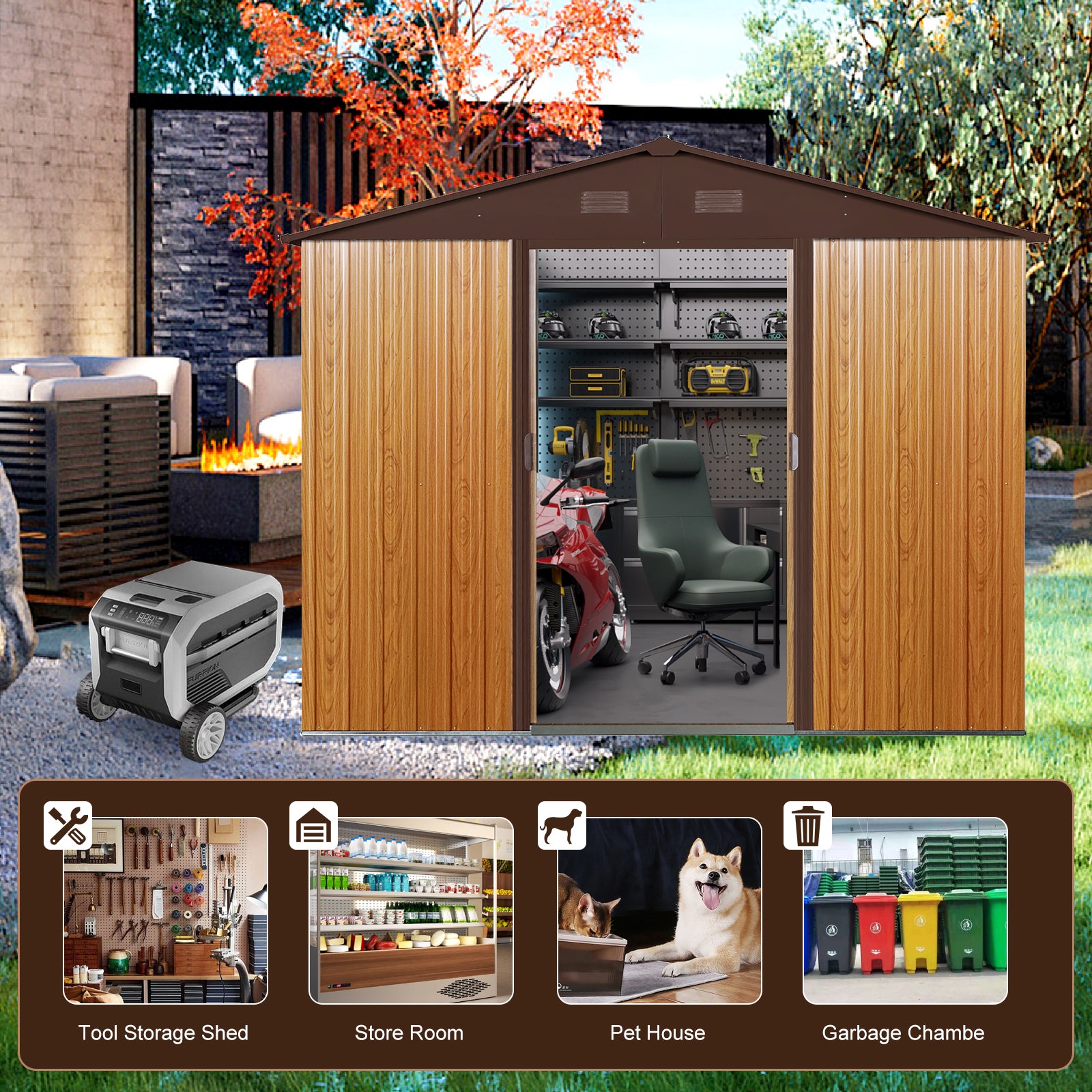 JXXRZ 8x6ft Outdoor Metal Storage Shed with Sliding Door & Foundation, Coffee