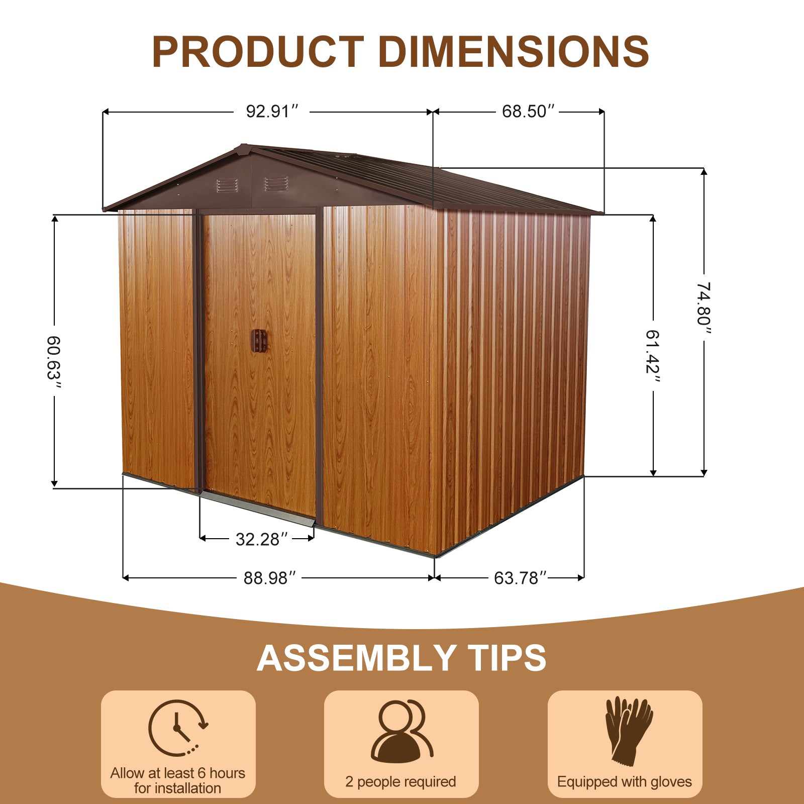 JXXRZ 8x6ft Outdoor Metal Storage Shed with Sliding Door & Foundation, Coffee
