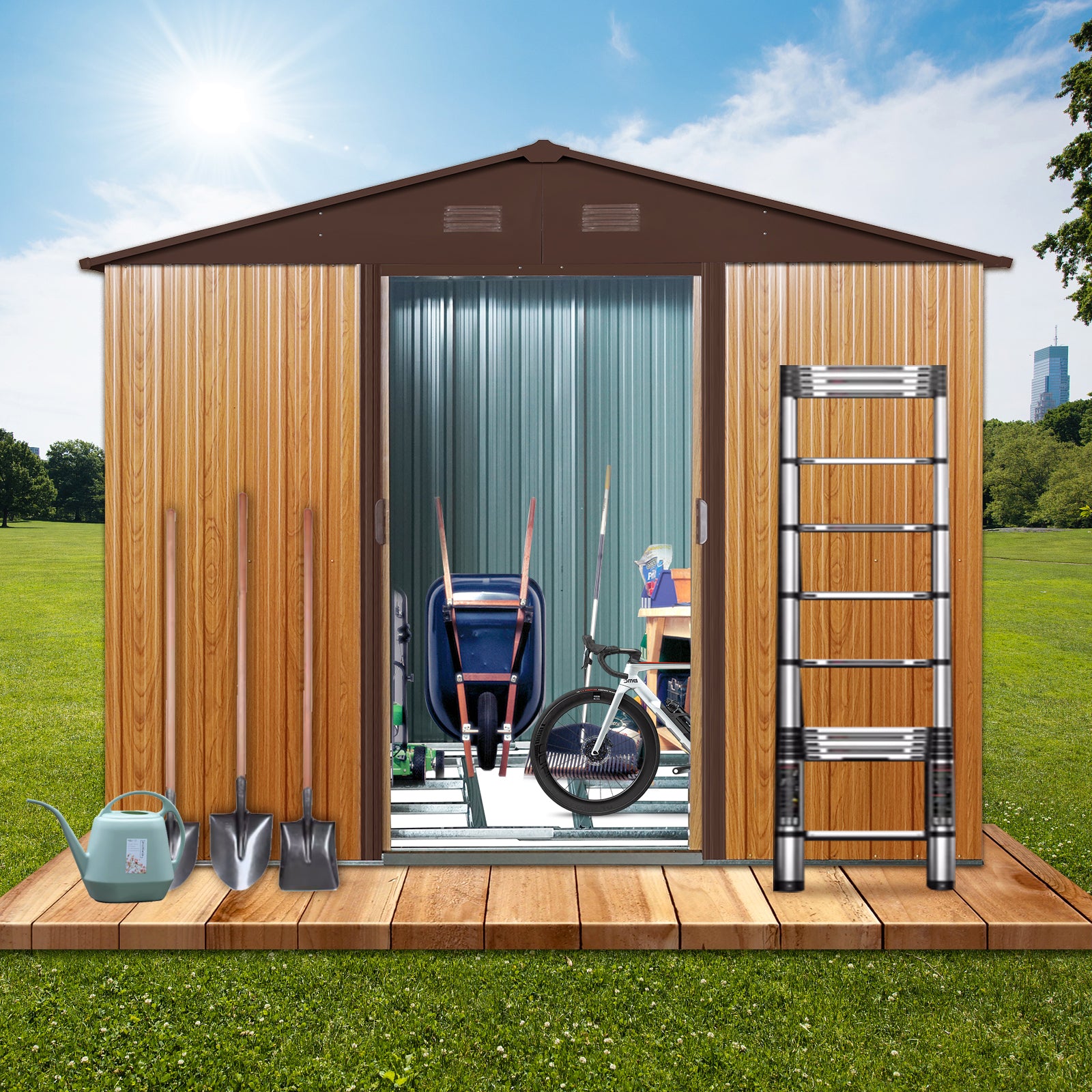 JXXRZ 8x6ft Outdoor Metal Storage Shed with Sliding Door & Foundation, Coffee