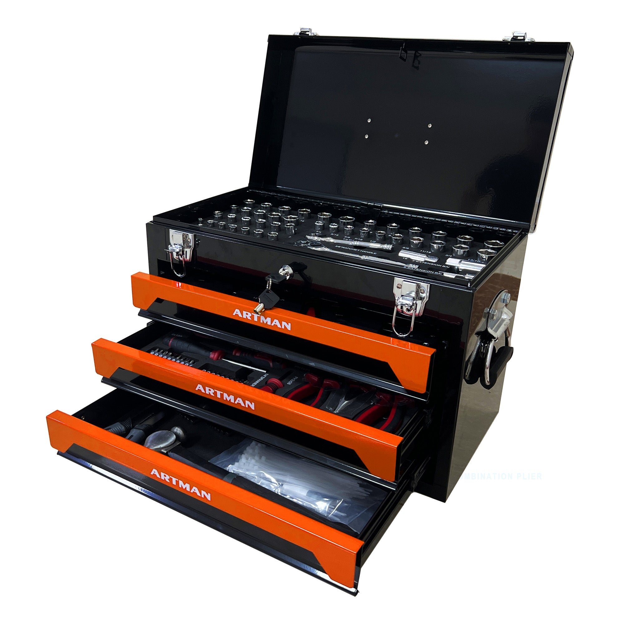 JXXRZ 20" Portable 3-Drawer Steel Tool Chest, Top Tray & Lock, Orange