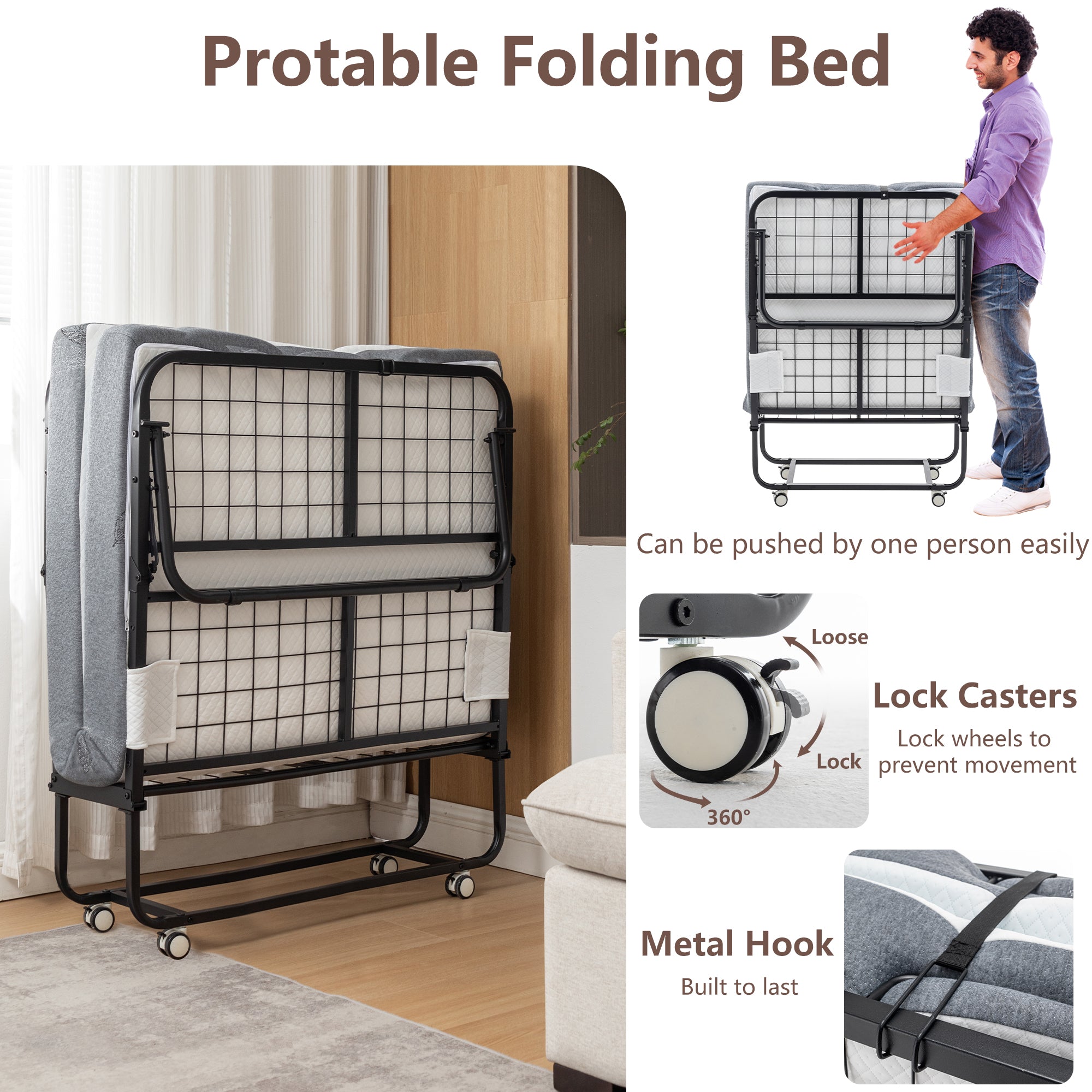 JXXRZ 75"x38" Folding Bed w/ Memory Foam Mattress Rollaway Metal Guest Bed Sleeper