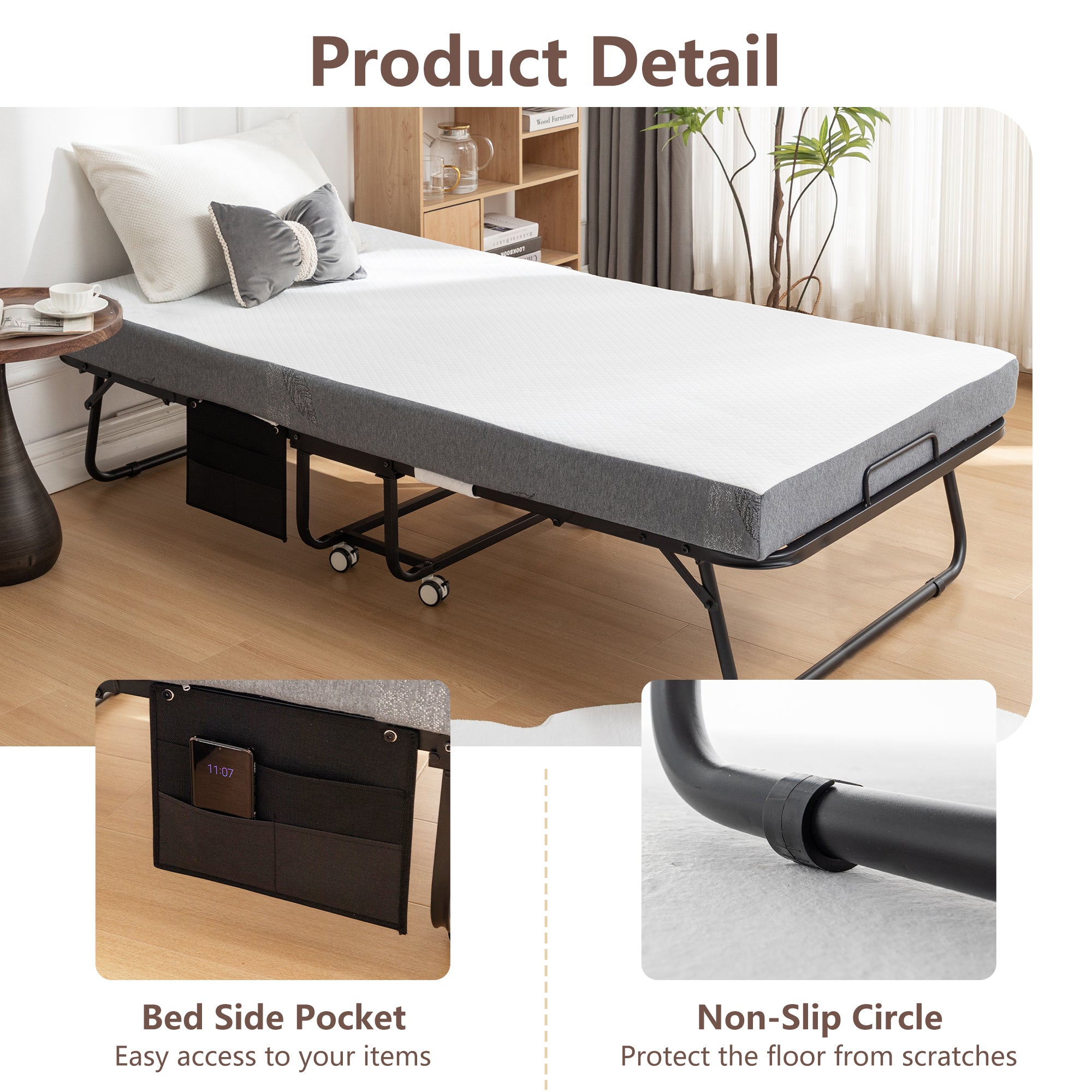 JXXRZ 75"x38" Folding Bed w/ Memory Foam Mattress Rollaway Metal Guest Bed Sleeper