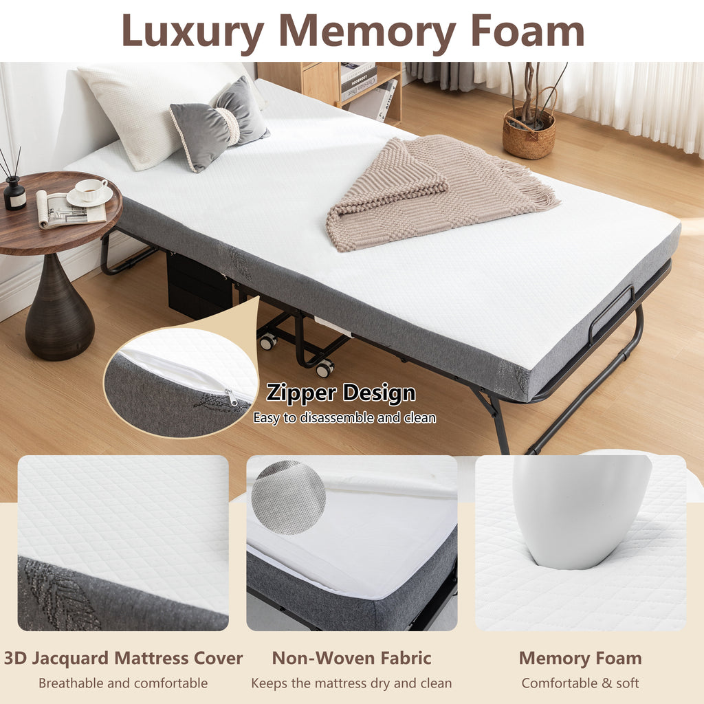JXXRZ 75"x38" Folding Bed w/ Memory Foam Mattress Rollaway Metal Guest Bed Sleeper