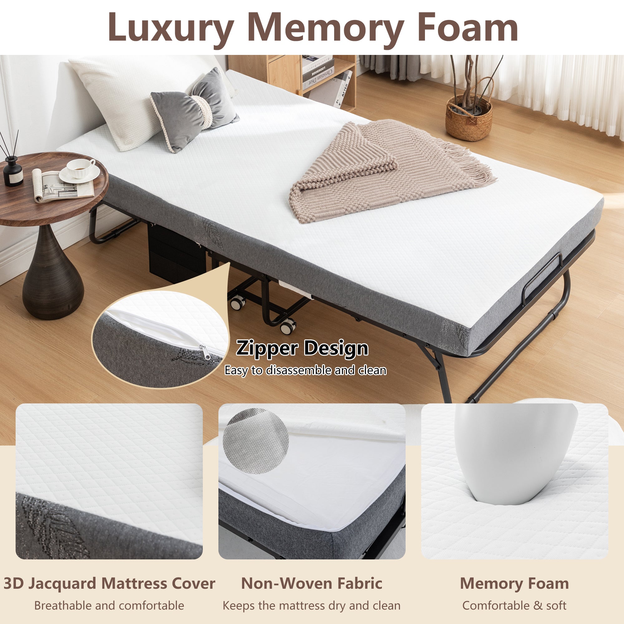 JXXRZ 75"x38" Folding Bed w/ Memory Foam Mattress Rollaway Metal Guest Bed Sleeper