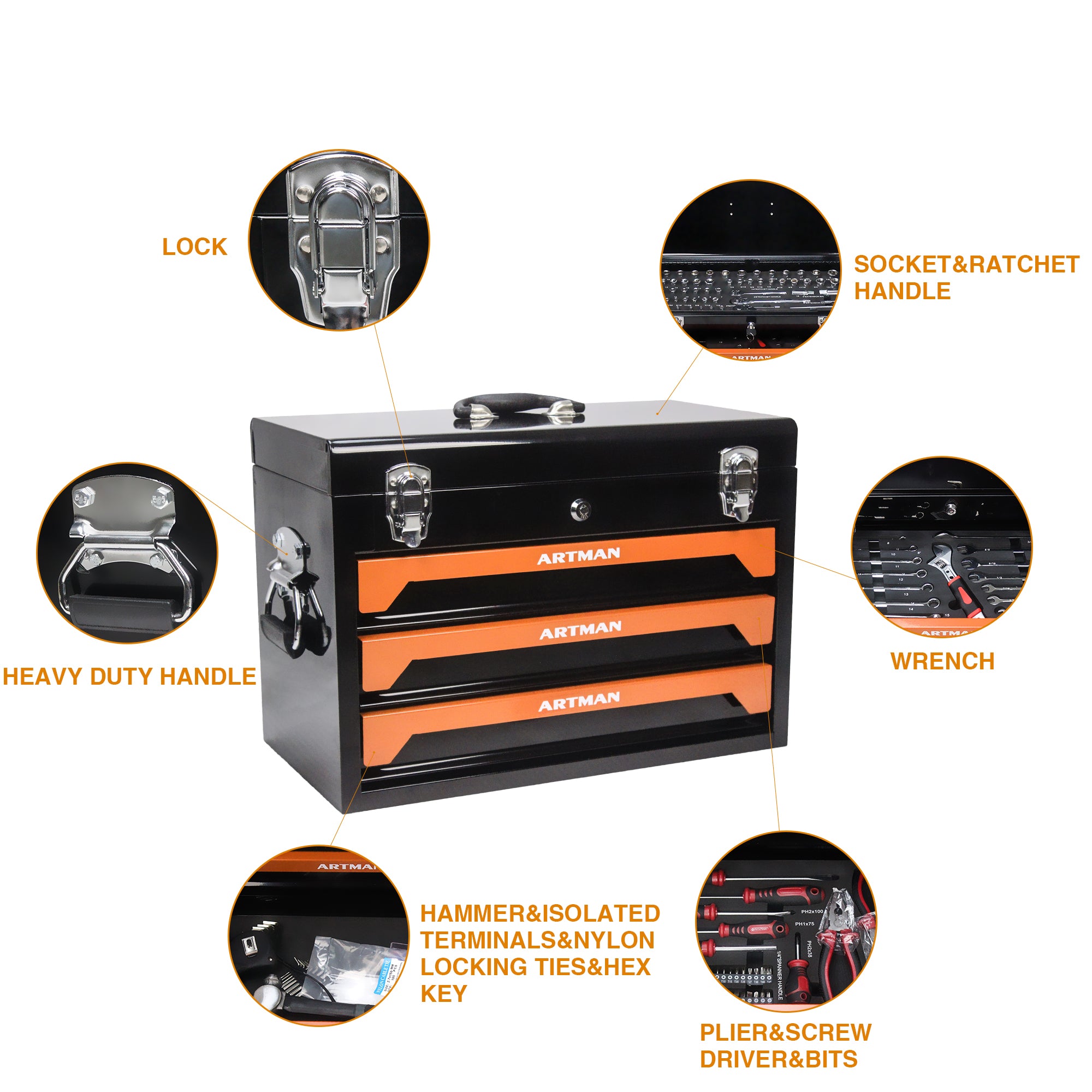 JXXRZ 20" Portable 3-Drawer Steel Tool Chest, Top Tray & Lock, Orange