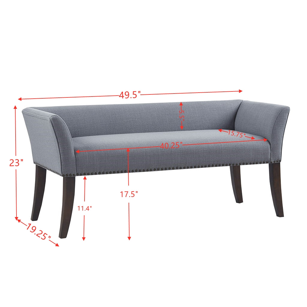 JXXRZ Slate Blue Upholstered Bench with Dark Wood Legs & Nailhead Trim, End of Bed Bench with Armrests for Bedroom, Living Room, Entryway