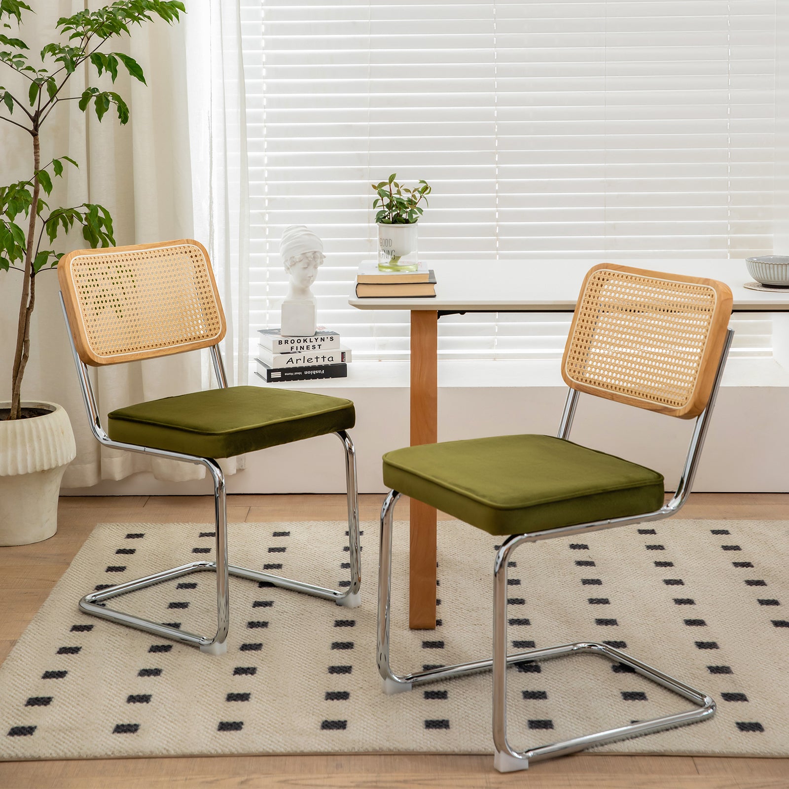 JXXRZ Rattan Dining Chairs Set of 2, Mid Century Modern Kitchen Side Chairs for Dining Living Room, Velvet Upholstered Dining Chairs, Green