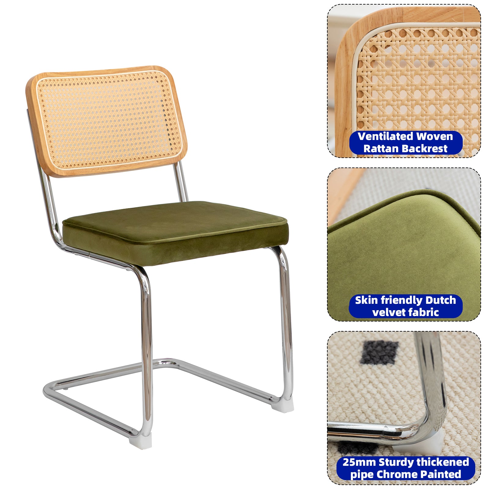 JXXRZ Rattan Dining Chairs Set of 2, Mid Century Modern Kitchen Side Chairs for Dining Living Room, Velvet Upholstered Dining Chairs, Green