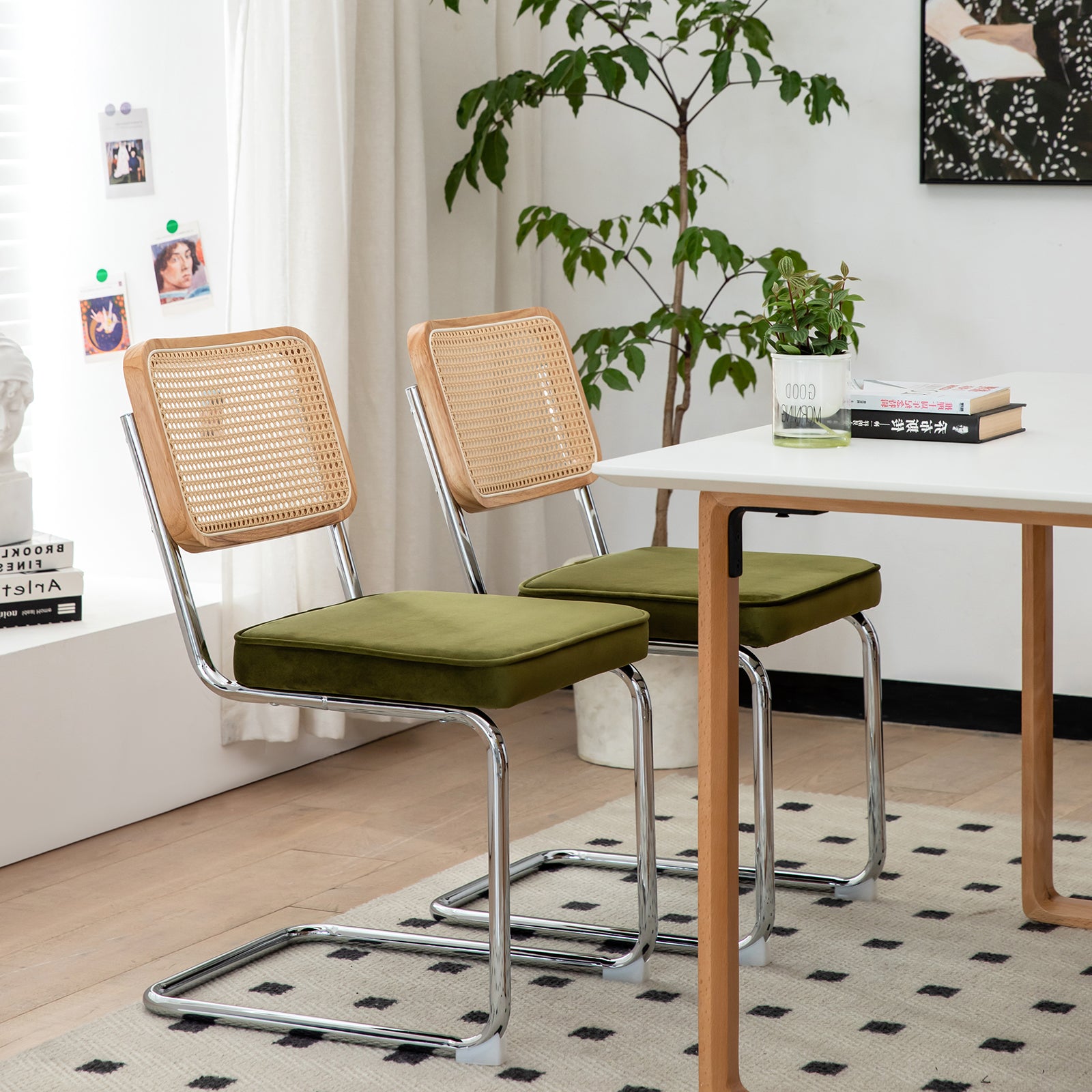 JXXRZ Rattan Dining Chairs Set of 2, Mid Century Modern Kitchen Side Chairs for Dining Living Room, Velvet Upholstered Dining Chairs, Green