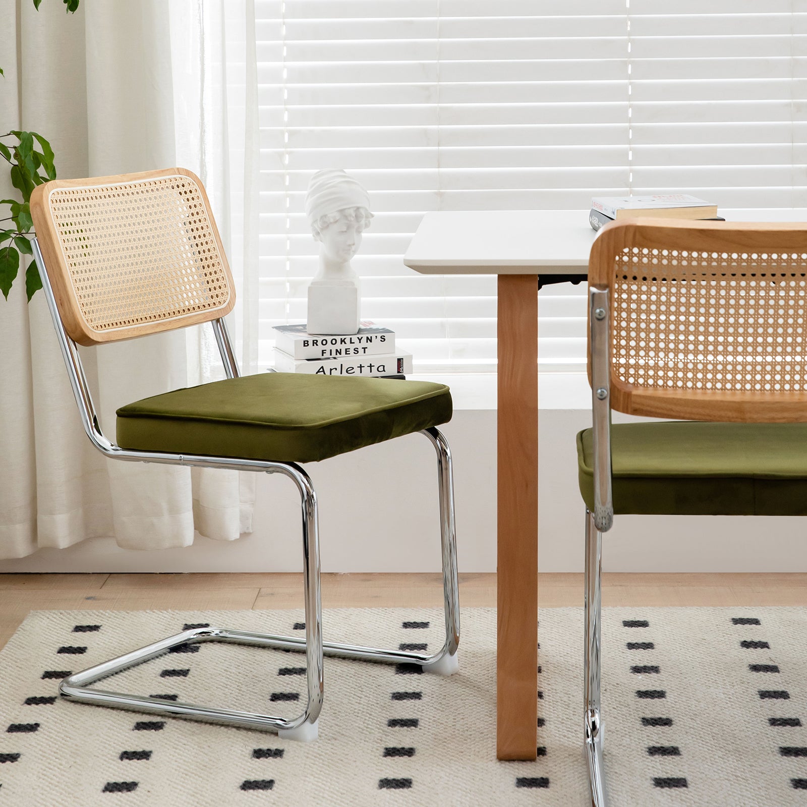 JXXRZ Rattan Dining Chairs Set of 2, Mid Century Modern Kitchen Side Chairs for Dining Living Room, Velvet Upholstered Dining Chairs, Green