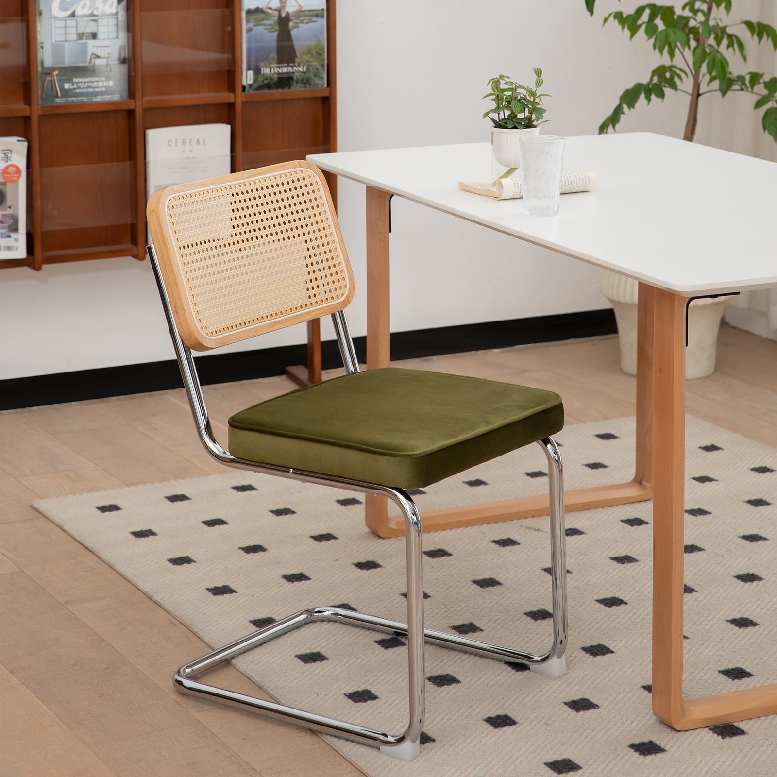 JXXRZ Rattan Dining Chairs Set of 2, Mid Century Modern Kitchen Side Chairs for Dining Living Room, Velvet Upholstered Dining Chairs, Green