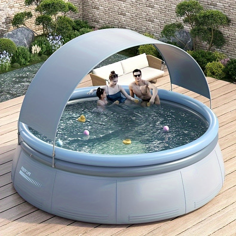JXXRZ 8 Ft Family Inflatable Pool with Canopy, 1200Gal Outdoor Swim Pool for 5 People