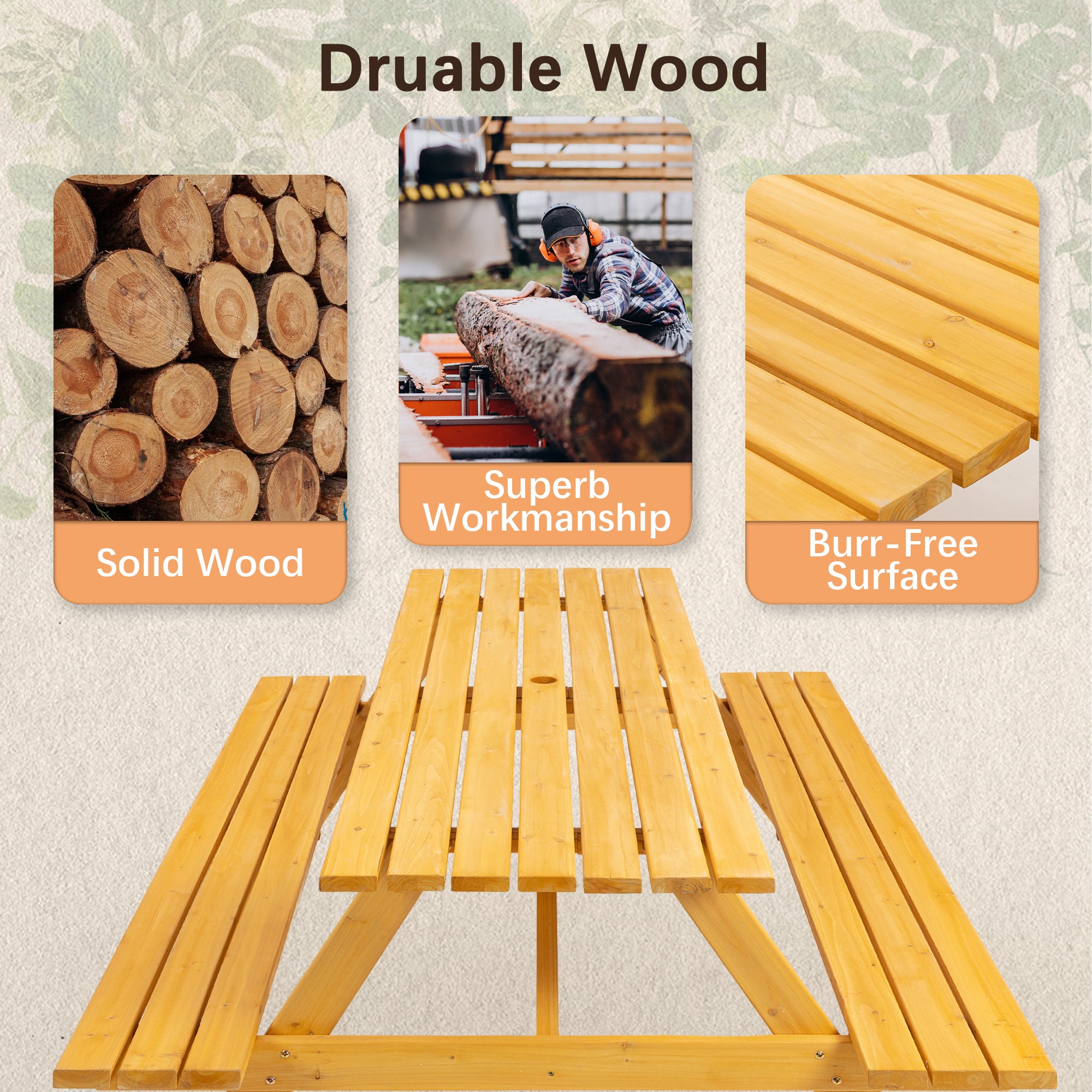 JXXRZ 8-Person Rectangular Outdoor Wooden Picnic Table w/ 2 Built-In Benches, 2220lb Capacity - Natural