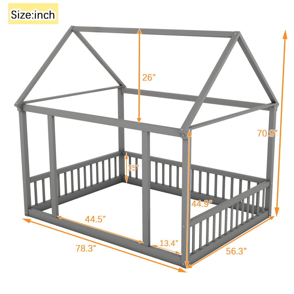 JXXRZ Twin/Full Wooden House Bed W Roof & Guardrails, Montessori Floor Bed Frame for Toddlers Kids, Grey