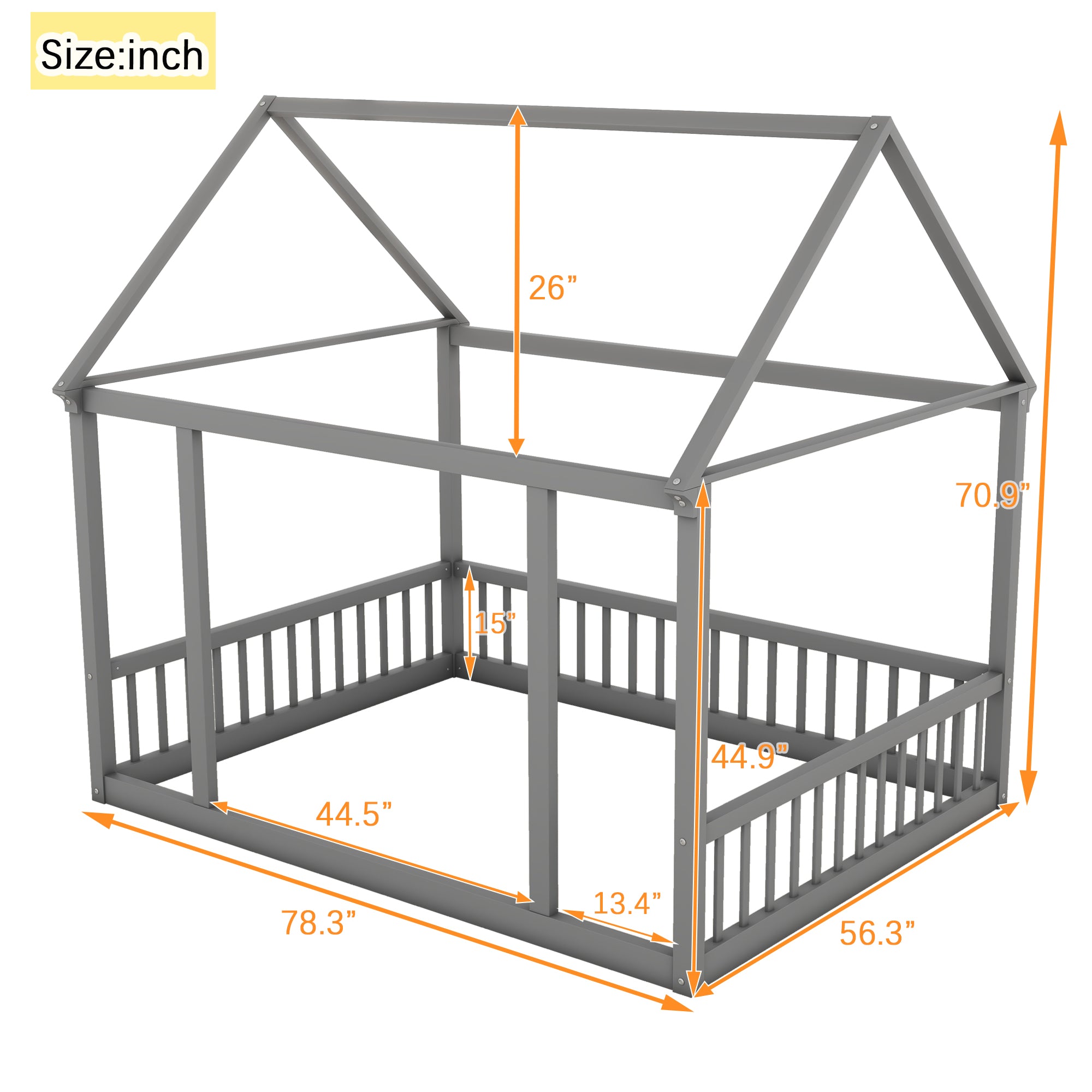 JXXRZ Twin/Full Wooden House Bed W Roof & Guardrails, Montessori Floor Bed Frame for Toddlers Kids, Grey