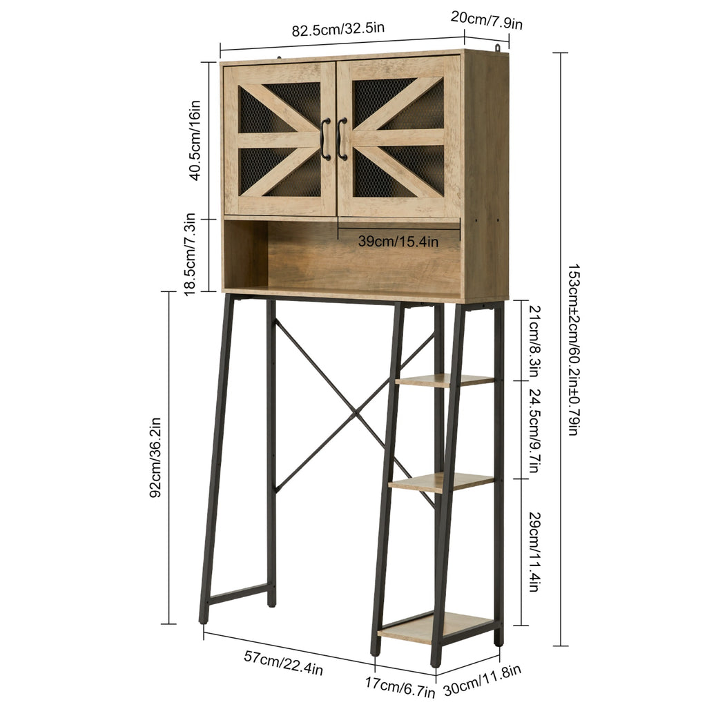 JXXRZ 61" Tall Over Toilet Storage Cabinet w/ Barn Doors, Side Shelves, Sturdy Over-Toilet Shelf Unit for Bathroom, Laundry