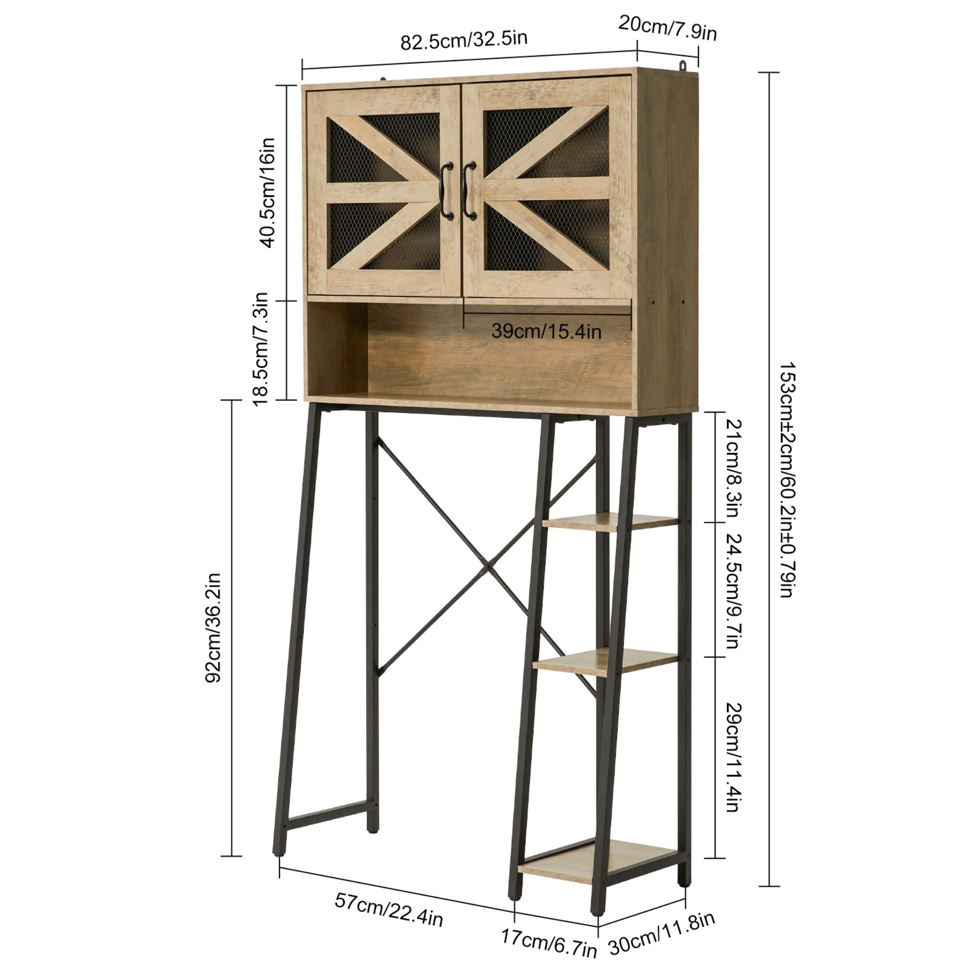 JXXRZ 61" Tall Over Toilet Storage Cabinet w/ Barn Doors, Side Shelves, Sturdy Over-Toilet Shelf Unit for Bathroom, Laundry