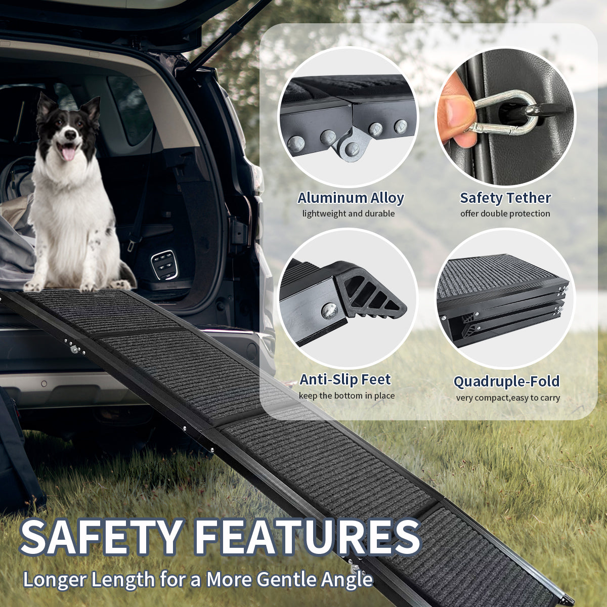JXXRZ Foldable Dog Ramp for Cars, Trucks & Beds - 63" Non-Slip Pet Ramp Supports 250lbs - Portable Stairs for Large Dogs