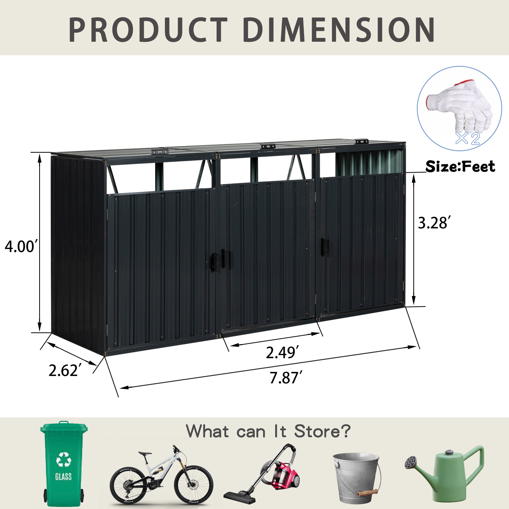 JXXRZ Metal Garbage Bin Shed for 3 Trash Cans with Lockable Doors and Lids,Galvanized Steel Garbage Bin Storage Shed for Garden Yard Lawn, Black