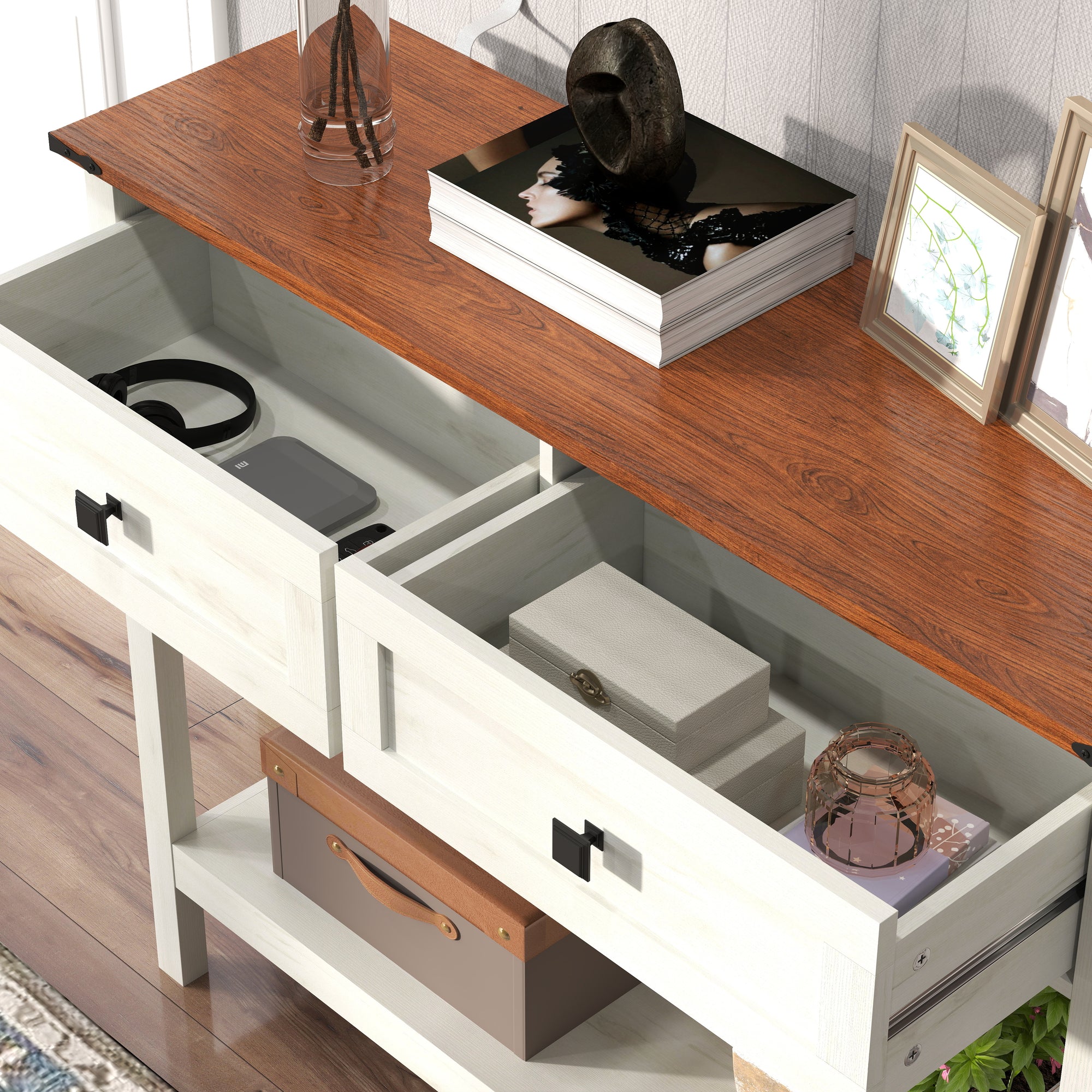 JXXRZ Farmhouse Console Table with 2 Drawers, Rustic Style | Sturdy Particle Board & MDF Frame, Antique White Finish