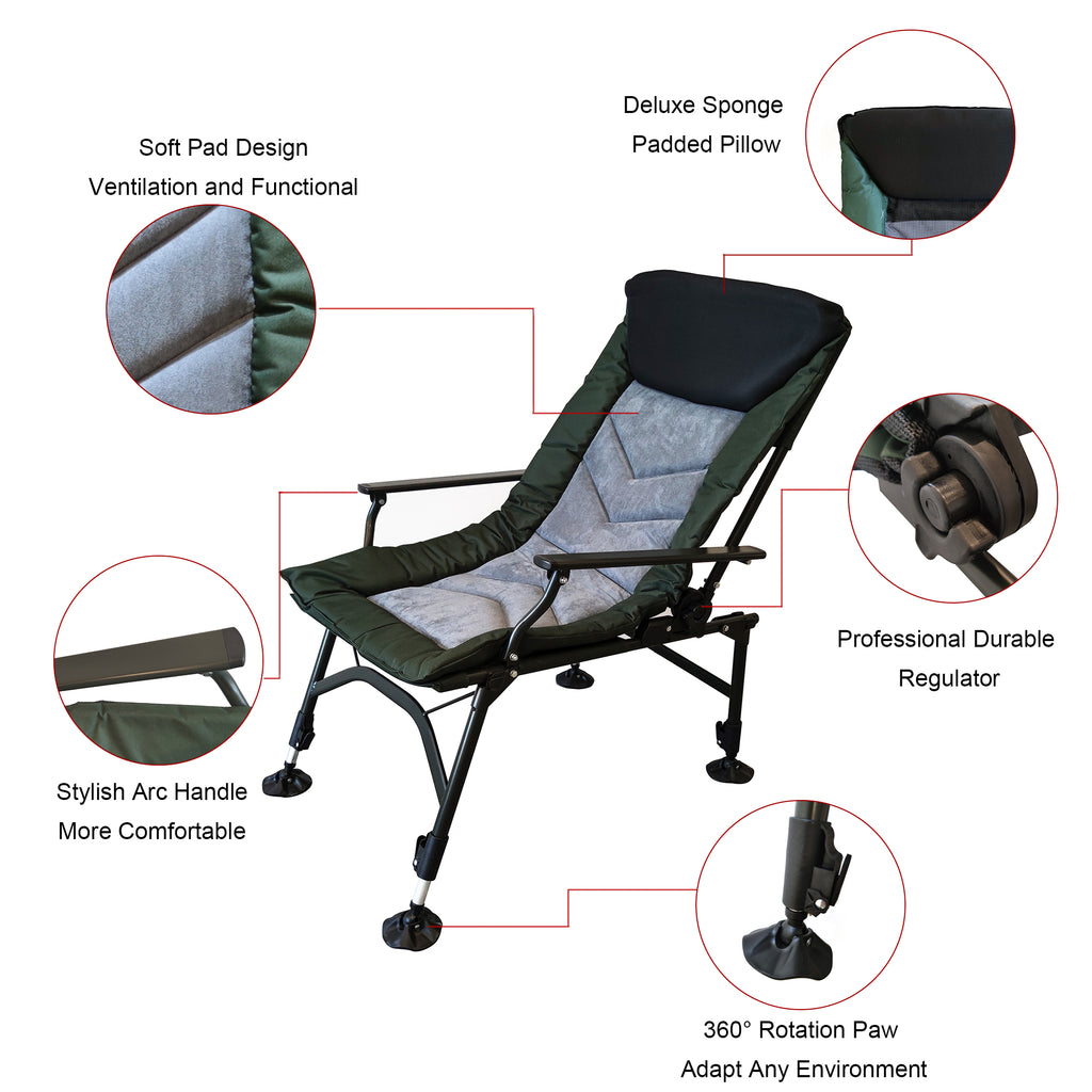 JXXRZ Reclining Camping Chair with Adjustable Backrest, Portable Lounge Chair for Indoor Outdoor Beach Camping, Grey/Green