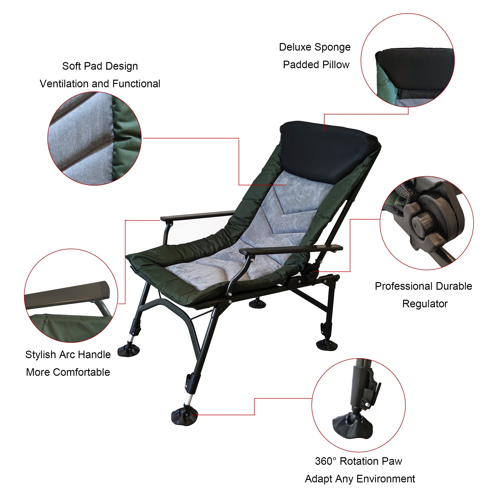 JXXRZ Reclining Camping Chair with Adjustable Backrest, Portable Lounge Chair for Indoor Outdoor Beach Camping, Grey/Green