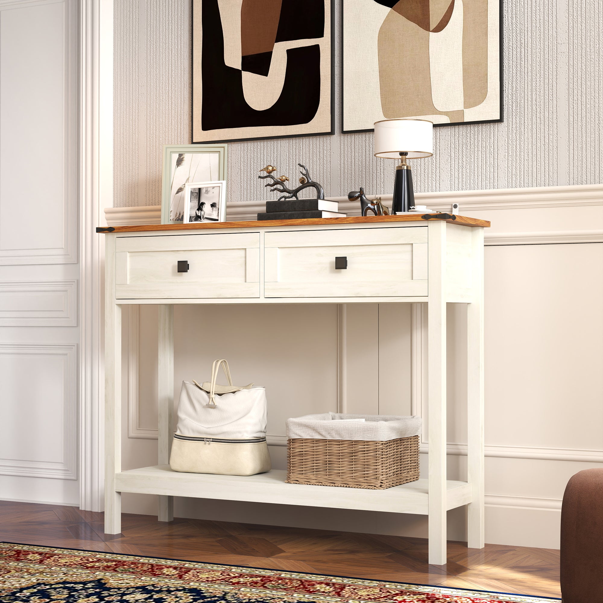 JXXRZ Farmhouse Console Table with 2 Drawers, Rustic Style | Sturdy Particle Board & MDF Frame, Antique White Finish