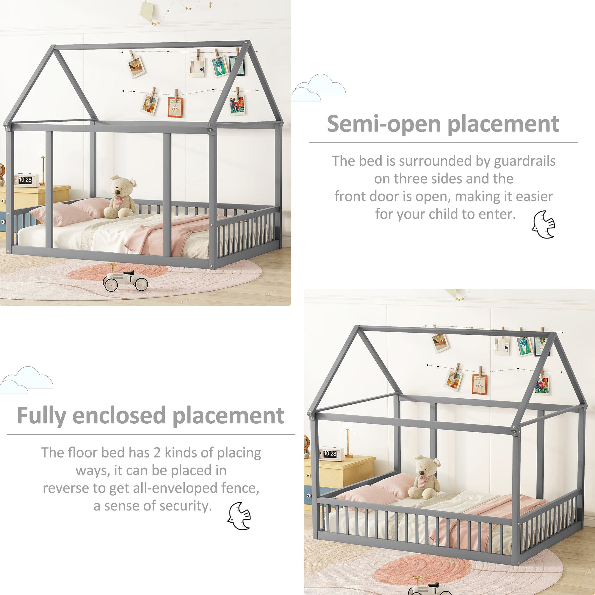 JXXRZ Twin/Full Wooden House Bed W Roof & Guardrails, Montessori Floor Bed Frame for Toddlers Kids, Grey