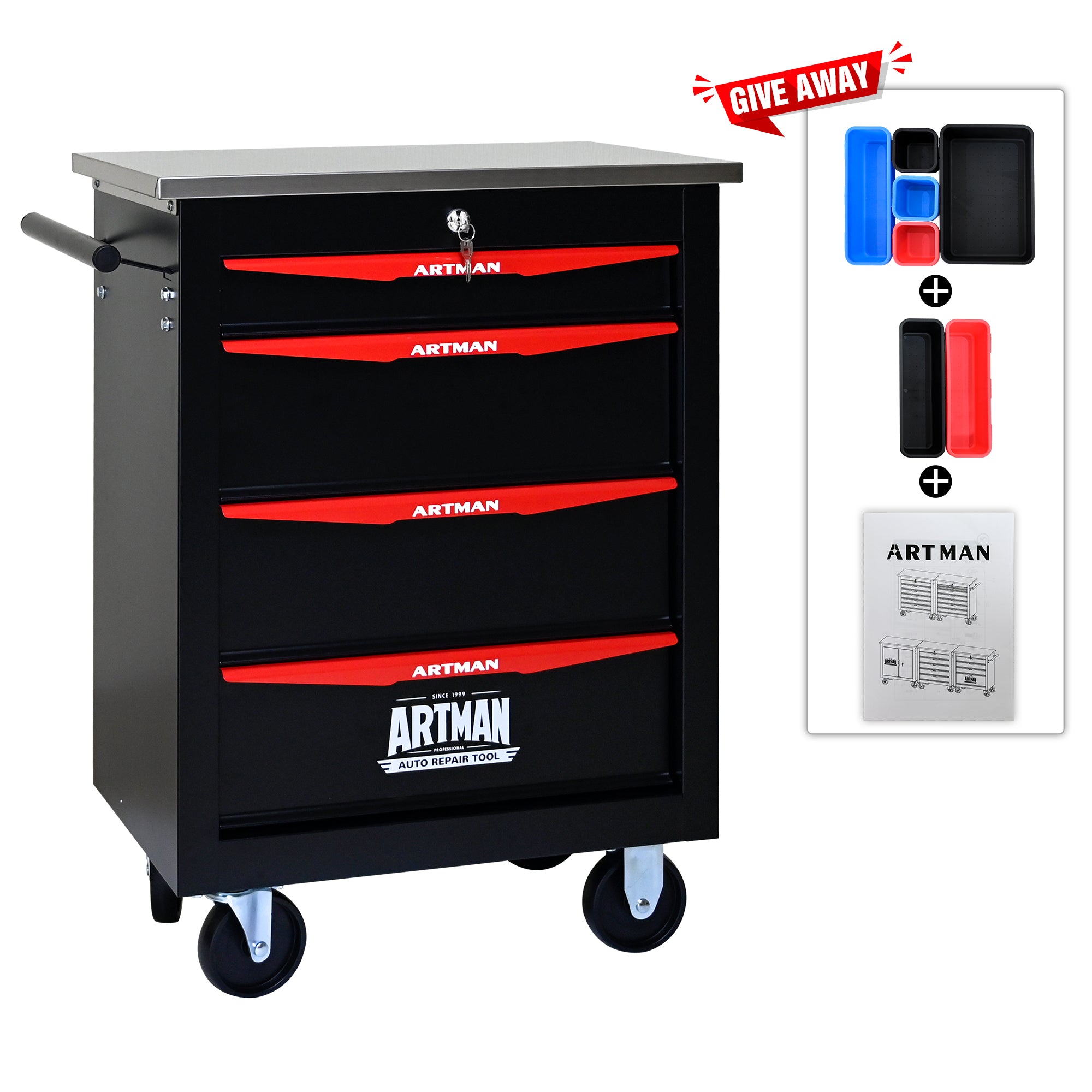 JXXRZ 4-Drawer Rolling Tool Cart with Wheels, Stainless Steel Top & Lock for Garage Workshop, Black&Red