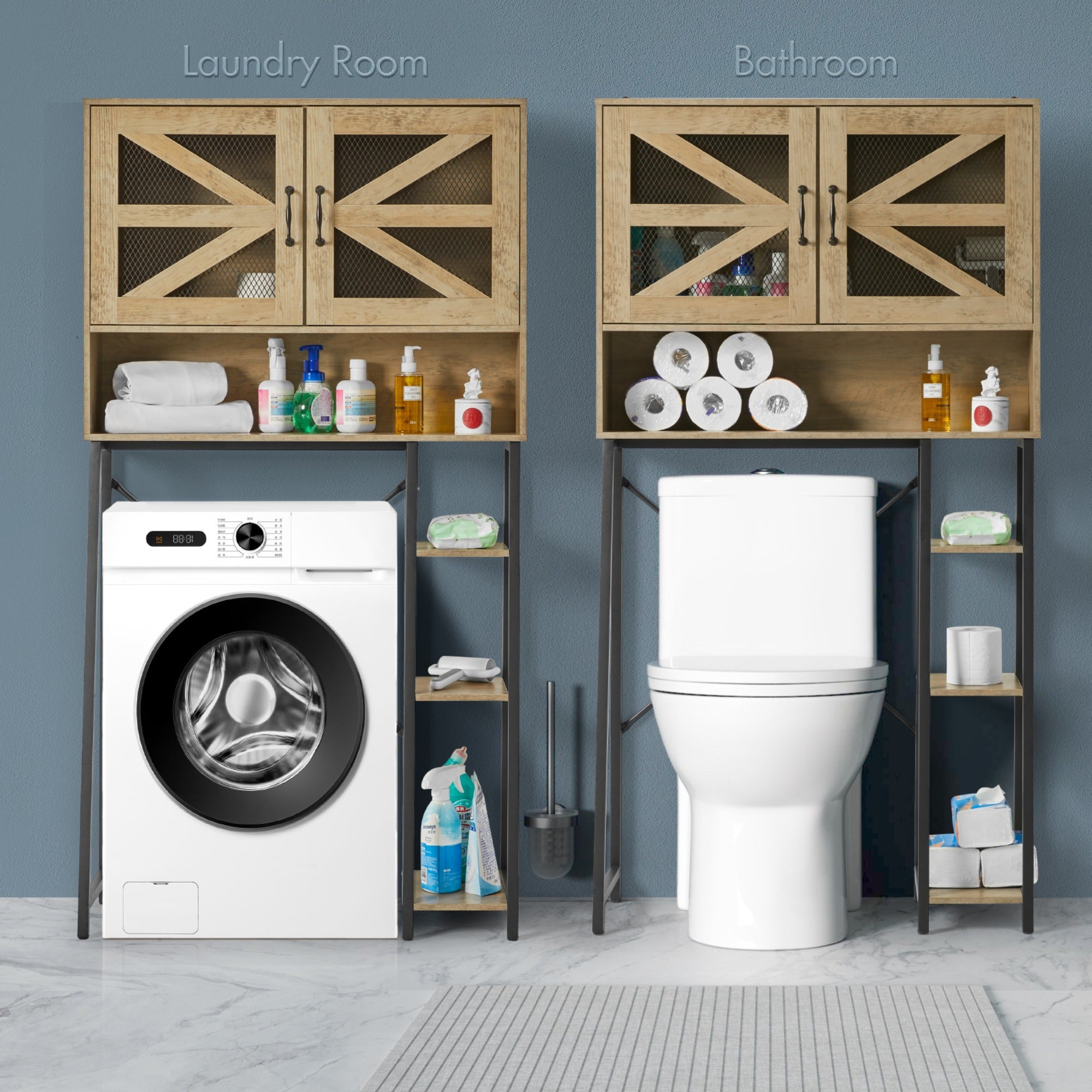 JXXRZ 61" Tall Over Toilet Storage Cabinet w/ Barn Doors, Side Shelves, Sturdy Over-Toilet Shelf Unit for Bathroom, Laundry