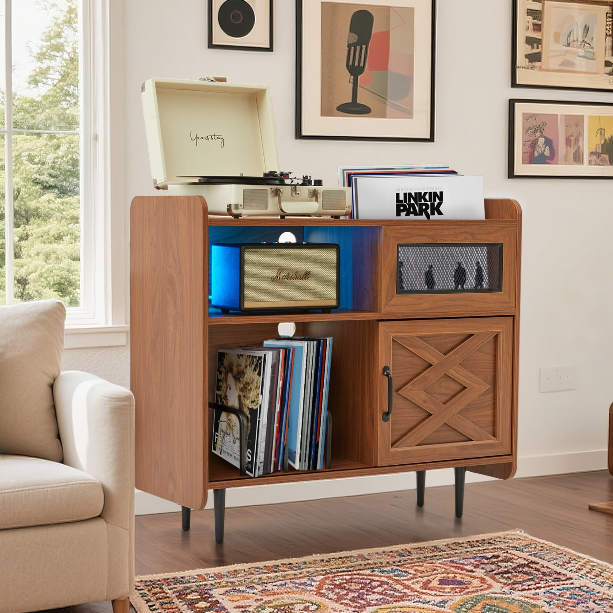 JXXRZ Record Player Stand w/ Charging Hub & RGB Lights, Holds 200+ Vinyl Albums, Media Storage Cabinet for Living Room Office