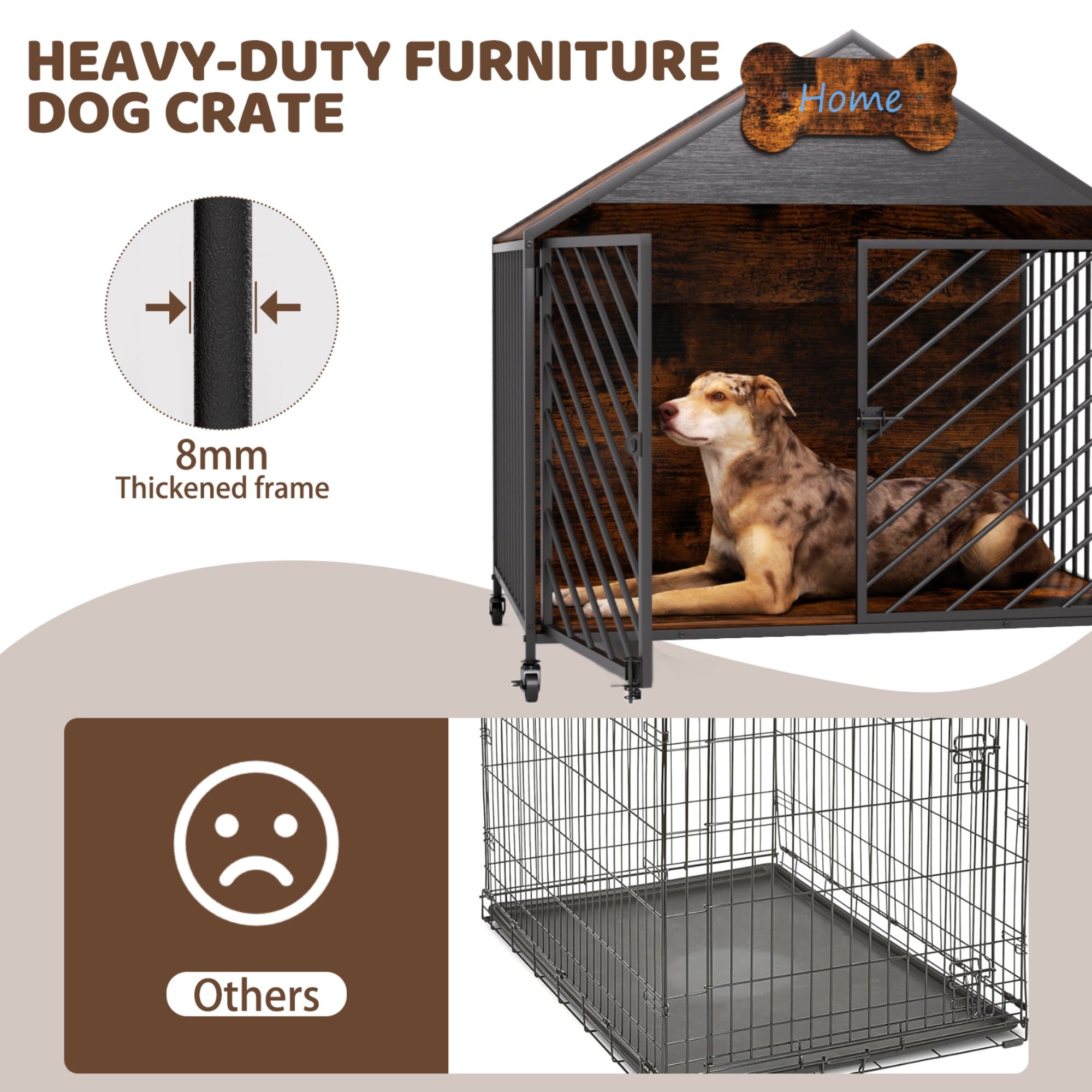 JXXRZ 32" Heavy Duty Dog Crate Furniture- Chew-Proof Double Door Indoor Kennel with Roof, Rustic Brown for Large Breeds