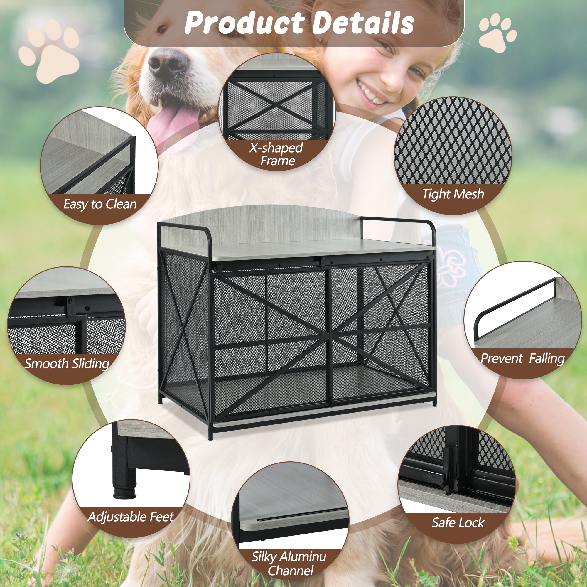 JXXRZ Farmhouse Dog Crate Furniture - Wooden Kennel Coffee Table w/Lock, 42.8" Indoor Pet House for 80lb Large Dogs，Grey