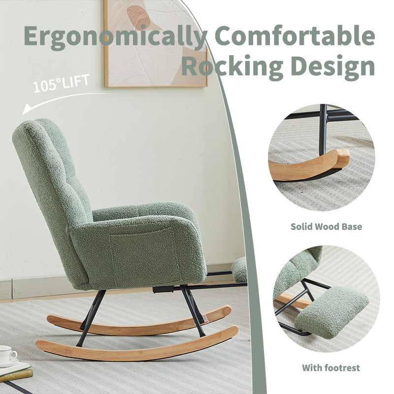 JXXRZ Nursery Rocking Chair with Footrest, Oversized Teddy Plush Rocker & Modern Upholstered High Back, Green
