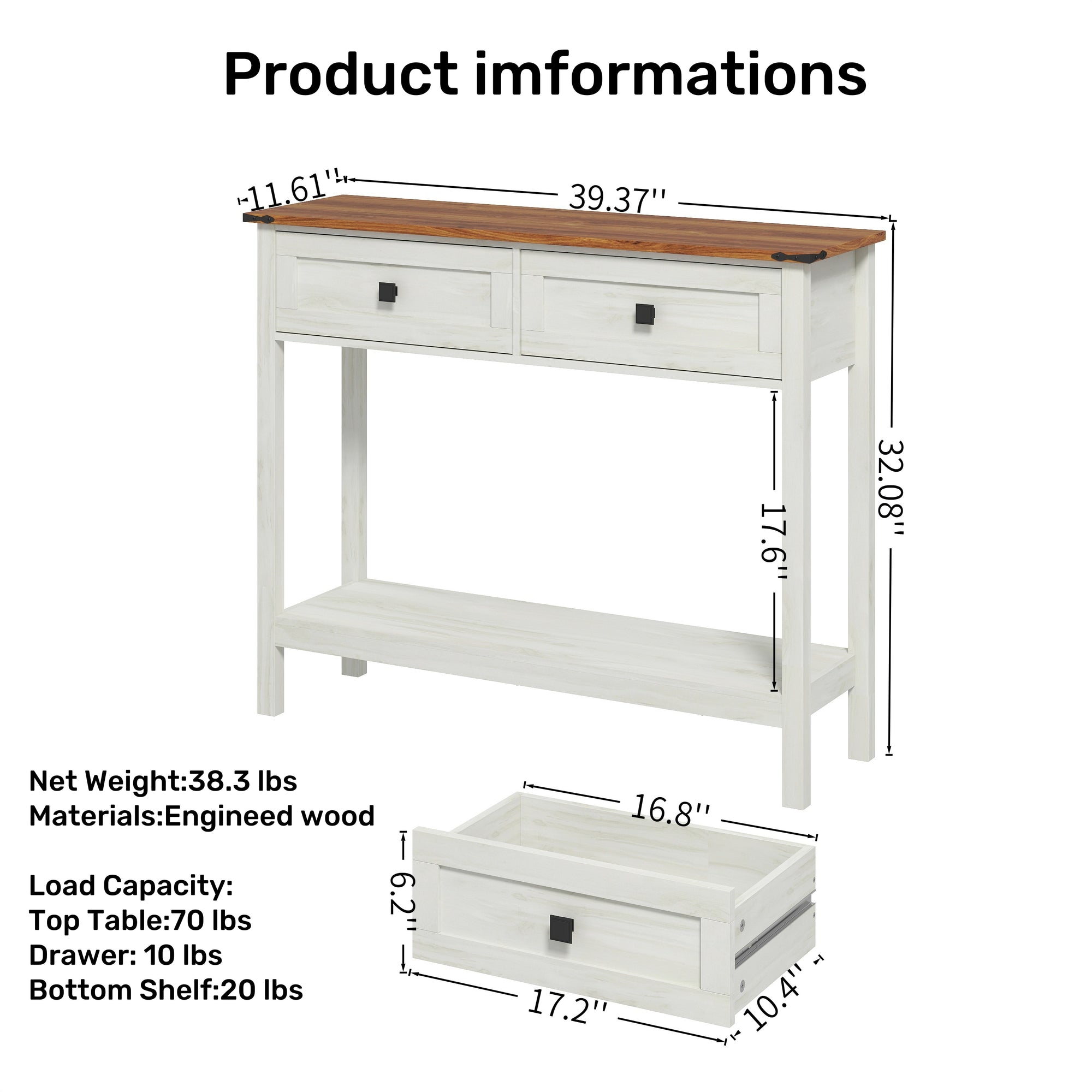 JXXRZ Farmhouse Console Table with 2 Drawers, Rustic Style | Sturdy Particle Board & MDF Frame, Antique White Finish