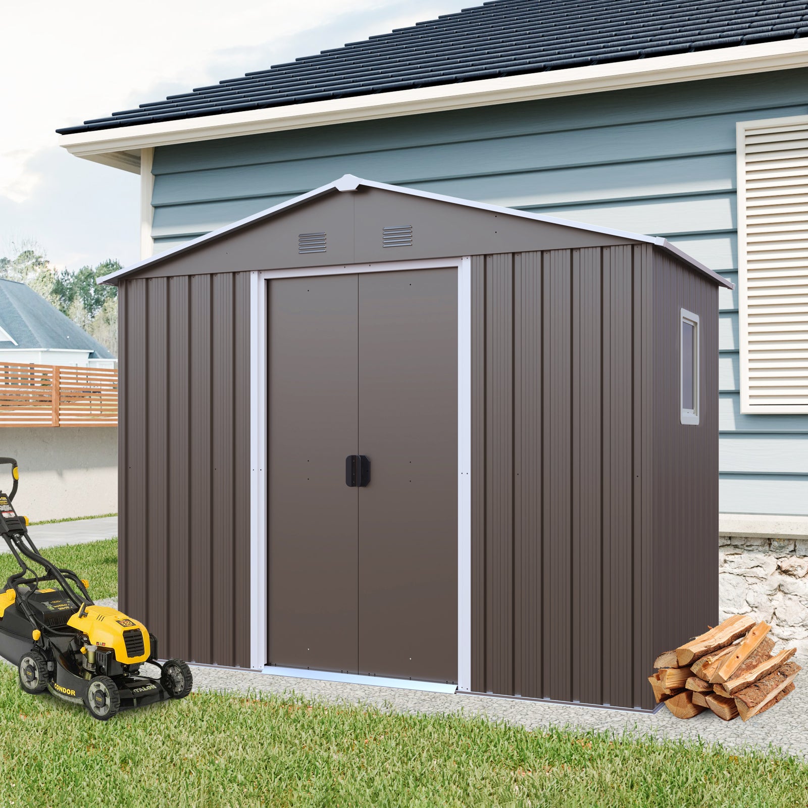 JXXRZ 8x4ft Outdoor Metal Storage Shed with Sliding Door & Foundation, Grey