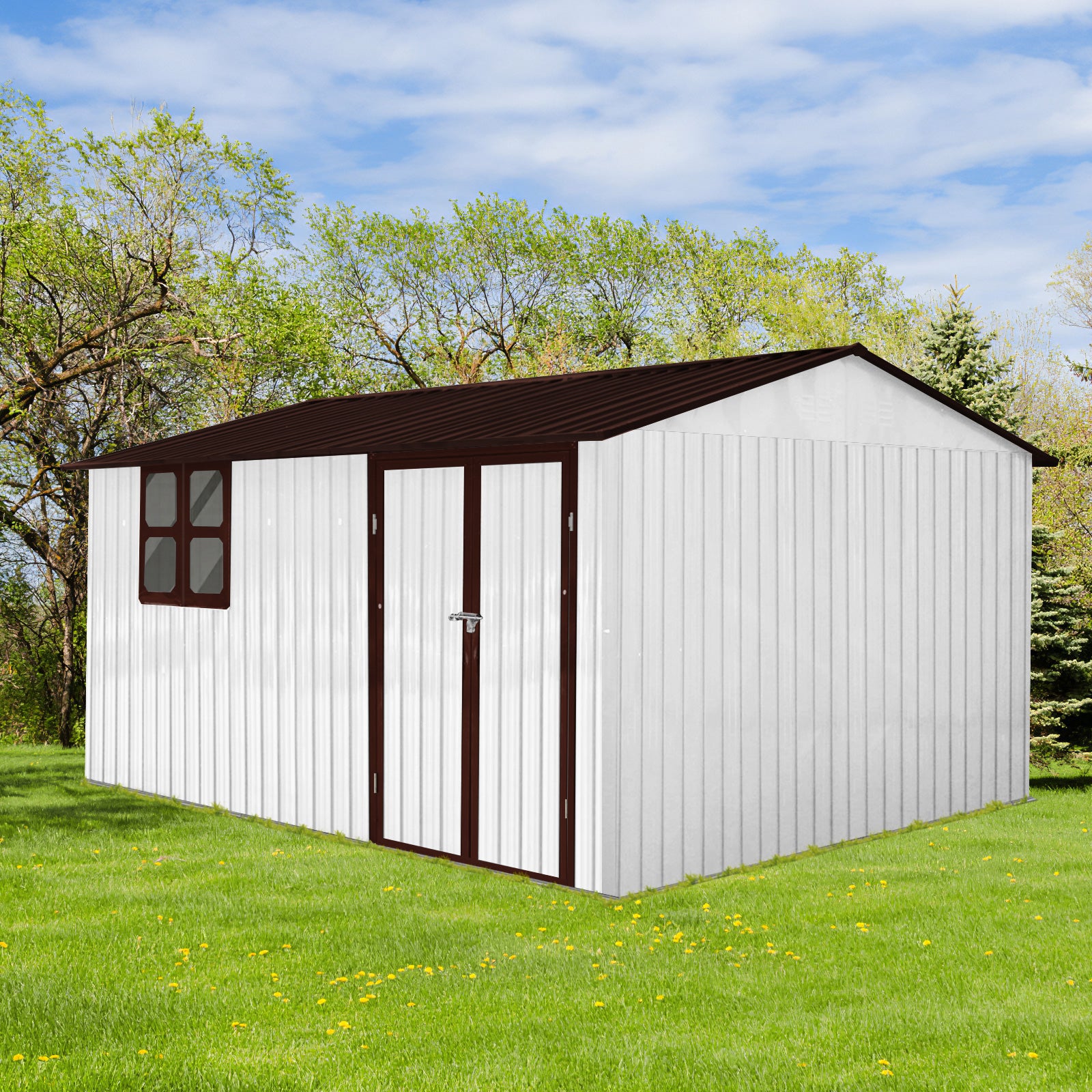 JXXRZ 10x12ft Metal Storage Shed with Windows, Galvanized Steel Outdoor Garden Shed & Lockable Doors,Brown&White