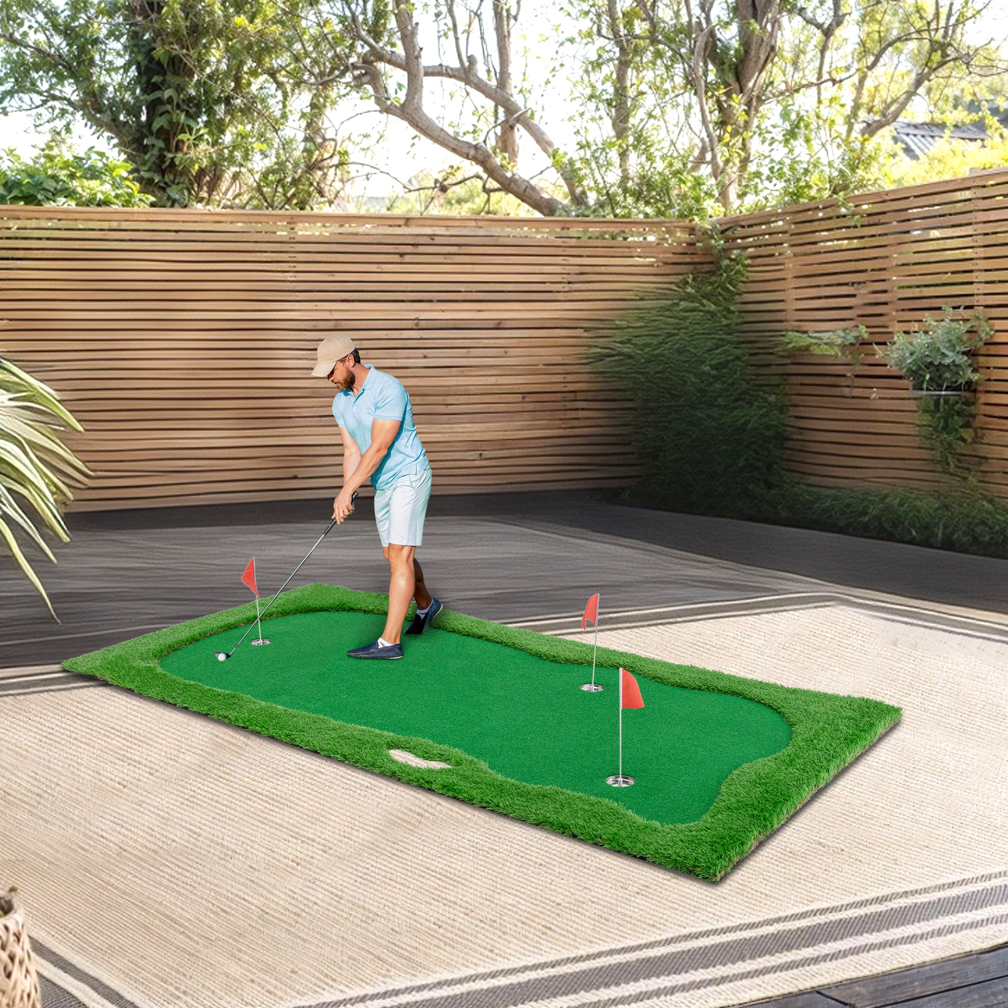 JXXRZ 10x5 FT Golf Putting Green, Golf Training Mat with High-quality Turf, 3 Holes, 3 Flags and Cups for Indoor Outdoor