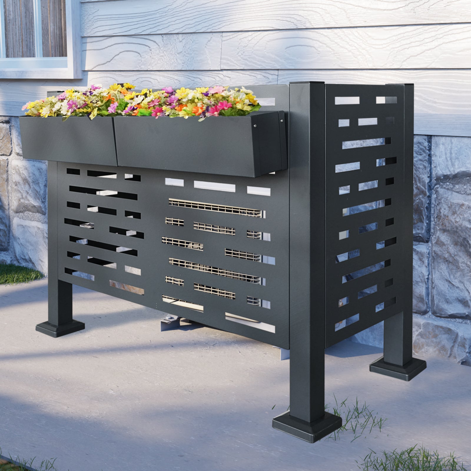 JXXRZ 4x2FT Air Conditioner Fence Metal Privacy Fence for Outdoor Units with 2 Planter Box, Charcoal Metal Screen