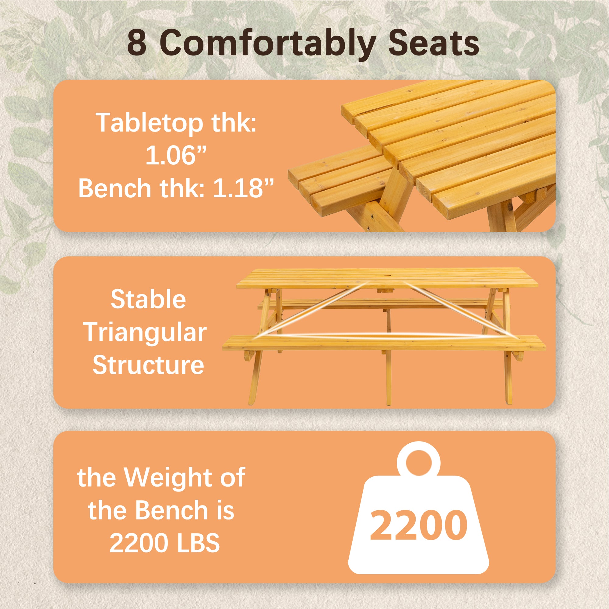 JXXRZ 8-Person Rectangular Outdoor Wooden Picnic Table w/ 2 Built-In Benches, 2220lb Capacity - Natural