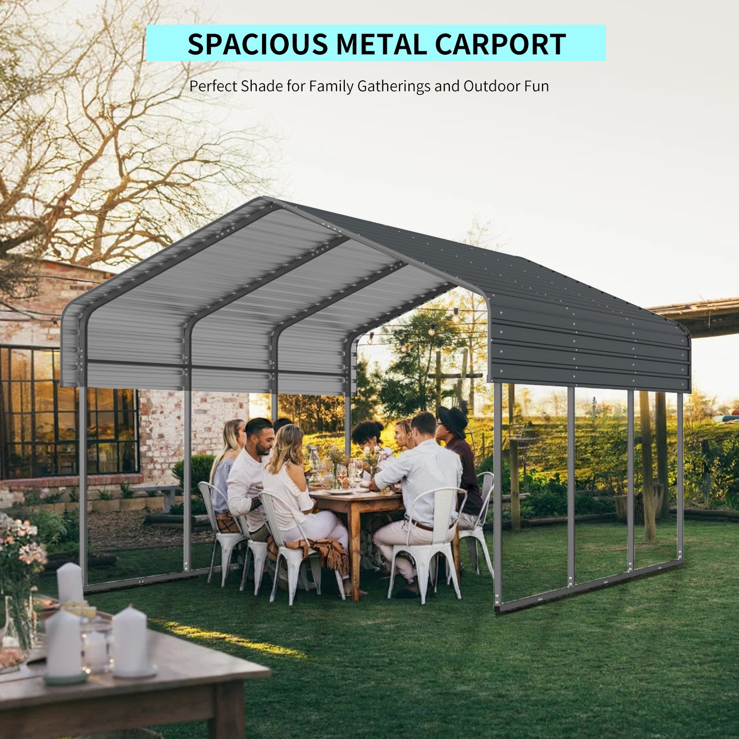 JXXRZ 10' x 15' Outdoor Metal Carport, Heavy Duty Galvanized Steel Car Canopy for Truck, SUV, Boat, Black